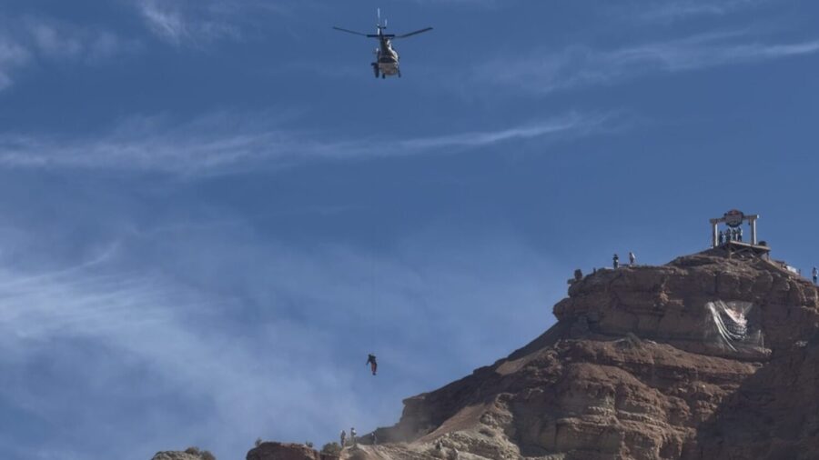 Freeride style mountain biker Adolf Silva had to be airlifted after he under-rotated a step-down double backflip off a cliff and crashed head-on into the dirt at the Red Bull Rampage event Sunday, Oct. 19, 2025. 