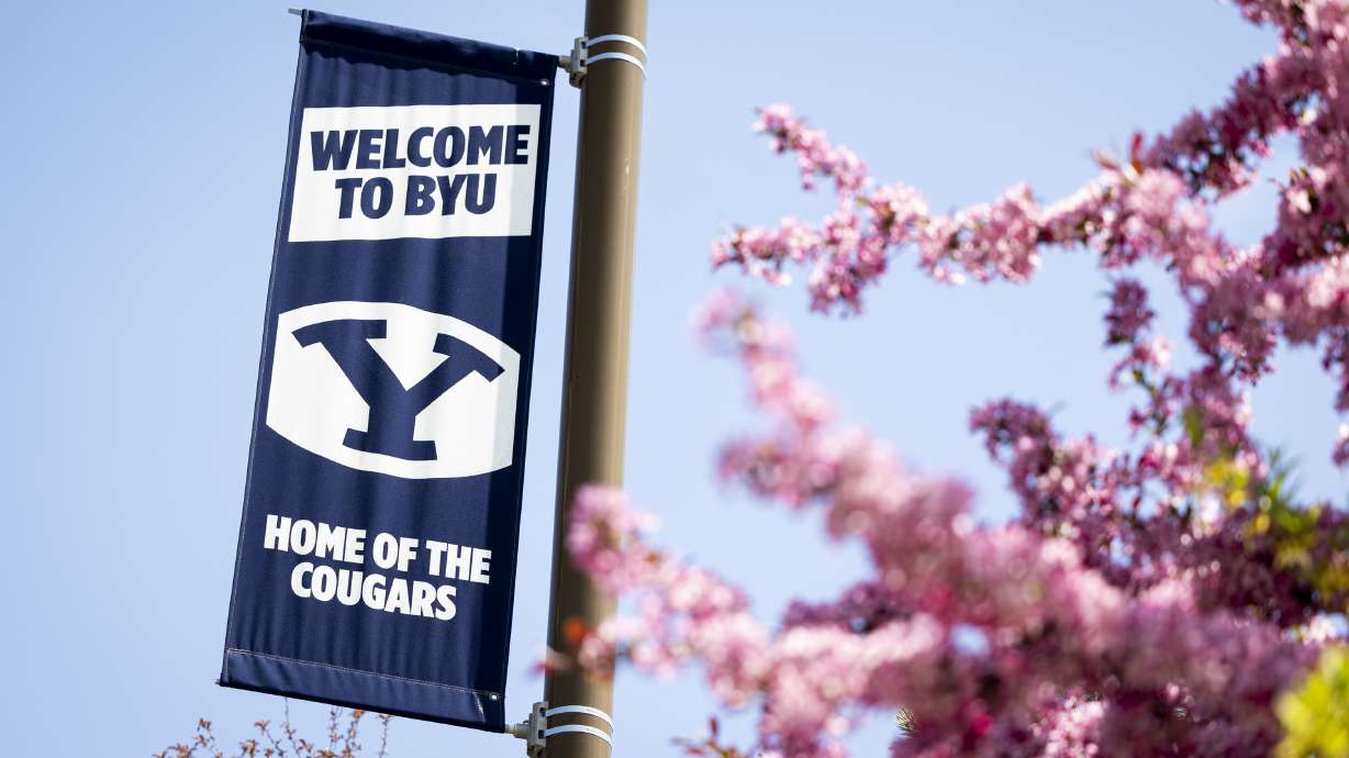 A Brigham Young University banner is displayed in this 2025 file photo.