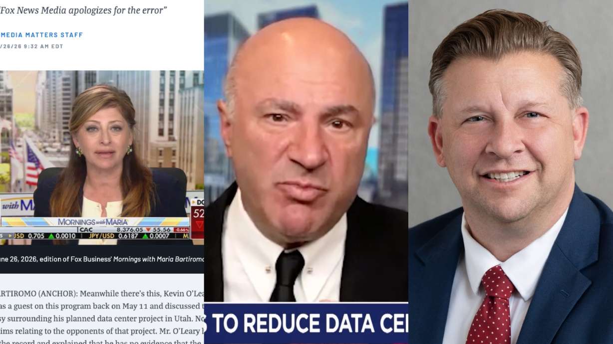 Maria Bartiromo and Utah Sen. Todd Weiler offered apologies over allegations that opponents of the Box Elder County data center project are linked to China. Kevin O'Leary, center, offered a clarifying statement.