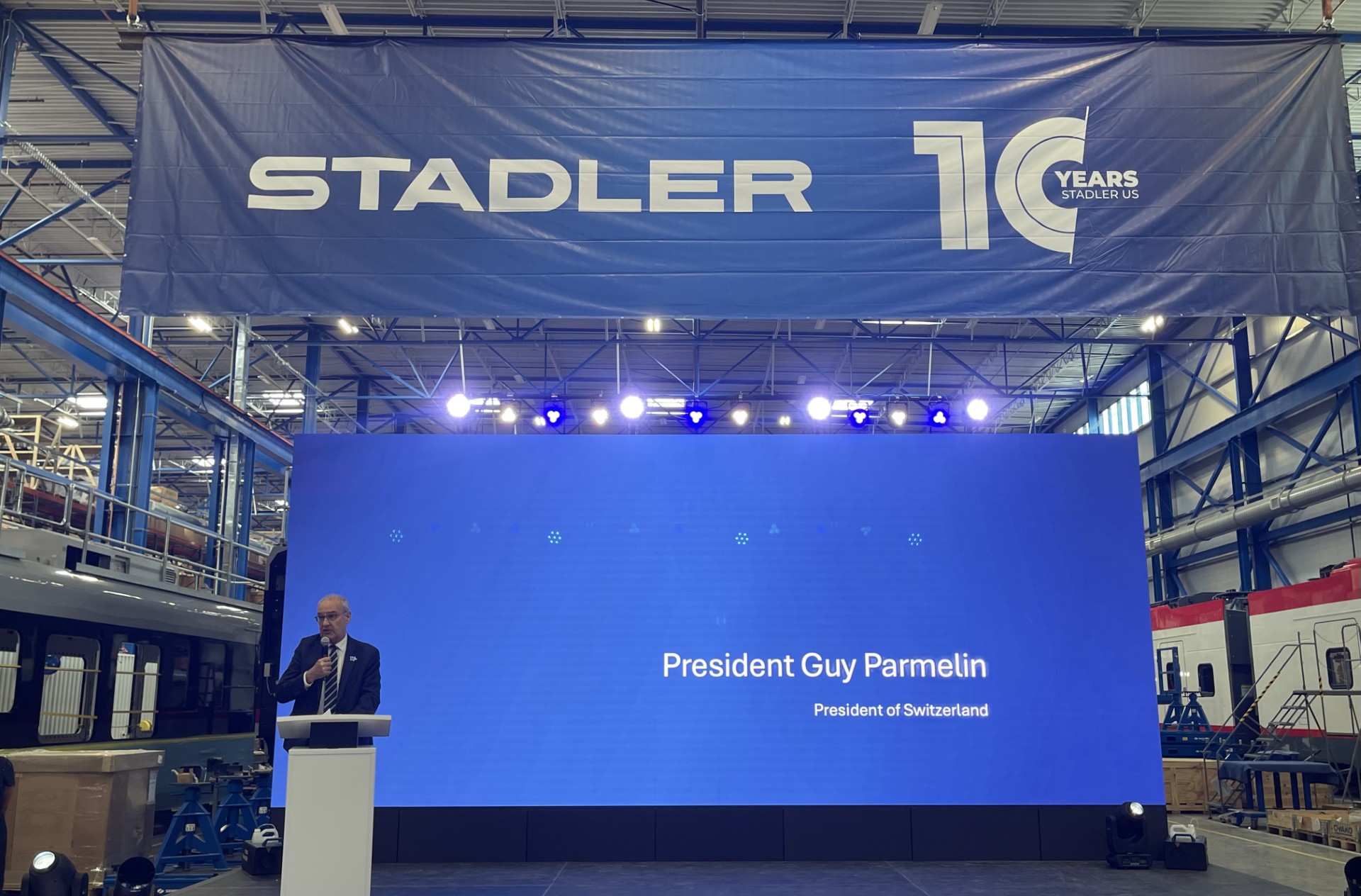 Swiss President Guy Parmelin speaks during Stadler's celebration of 10 years of Utah operations.