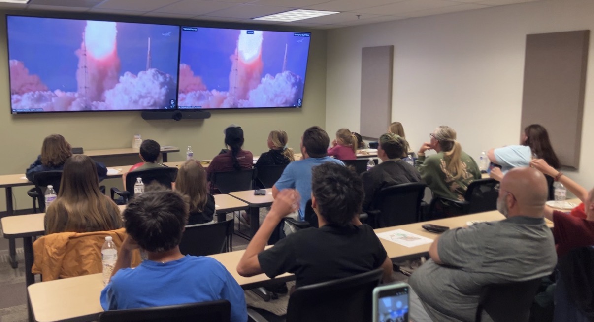 Community members gather at the Utah State University Tremonton campus to watch the Artemis II mission launch. (Sarah Lofton, KSL) 
