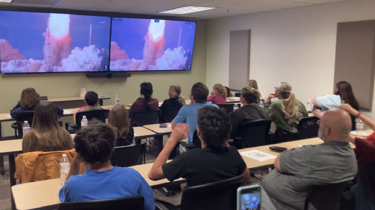 Community members gather at the Utah State University Tremonton campus to watch the Artemis II mission launch. (Sarah Lofton, KSL)
