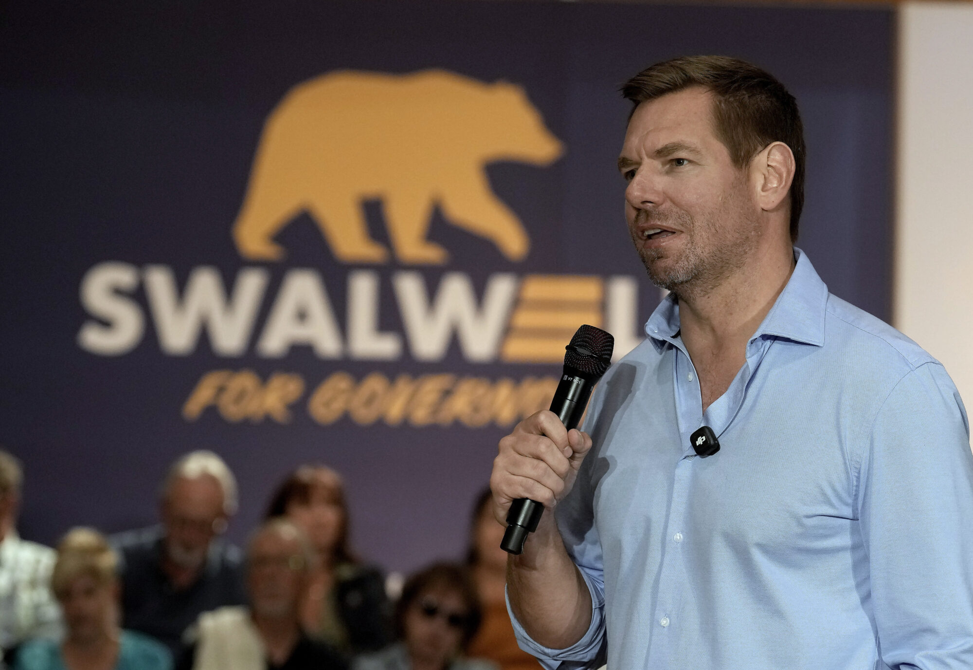 California gubernatorial candidate, Rep. Eric Swalwell, D-Calif., appears at a town hall meeting in Sacramento, Calif., Tuesday, April 7, 2026.