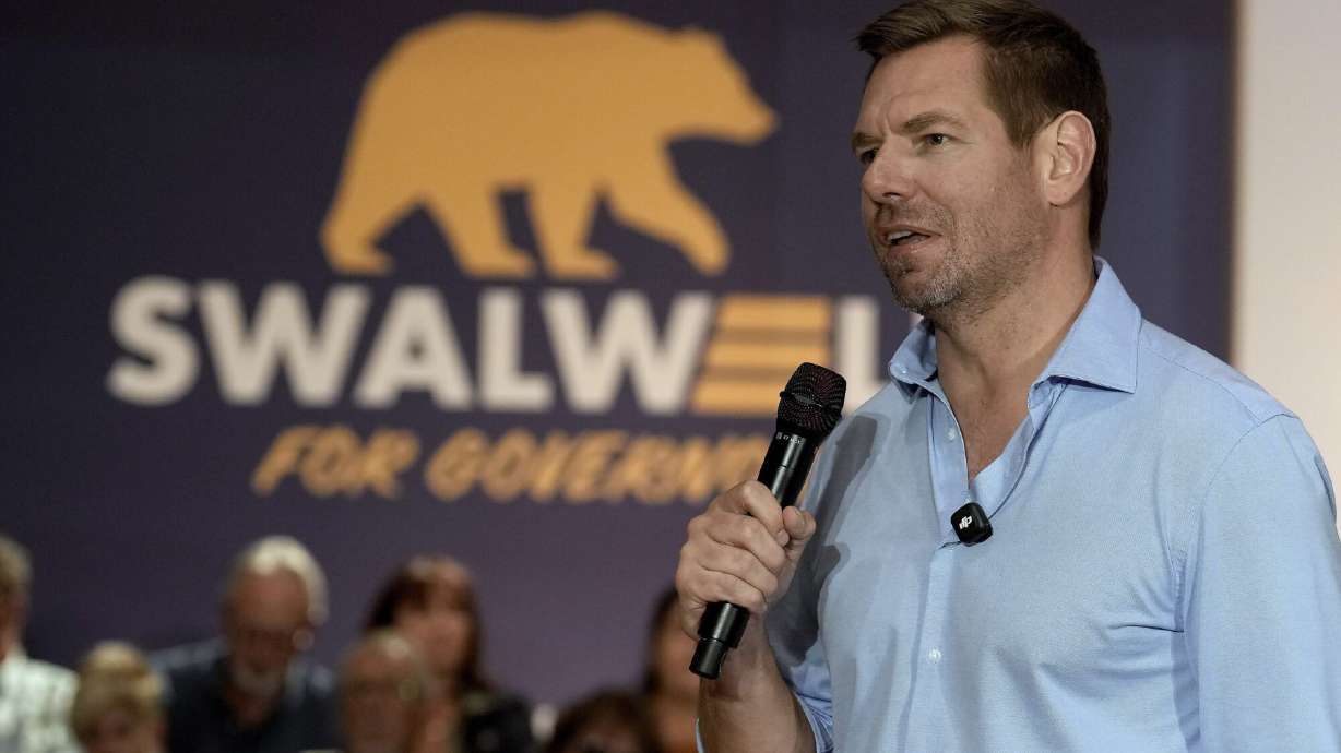 California gubernatorial candidate, Rep. Eric Swalwell, D-Calif., appears at a town hall meeting in Sacramento, Calif., Tuesday, April 7, 2026.