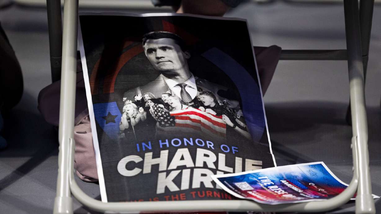 A poster is stored under a seat during a stop on the “This Is The Turning Point” tour held by Turning Point USA at the Dee Glen Smith Spectrum on the campus of Utah State University in Logan on Tuesday, Sept. 30, 2025.