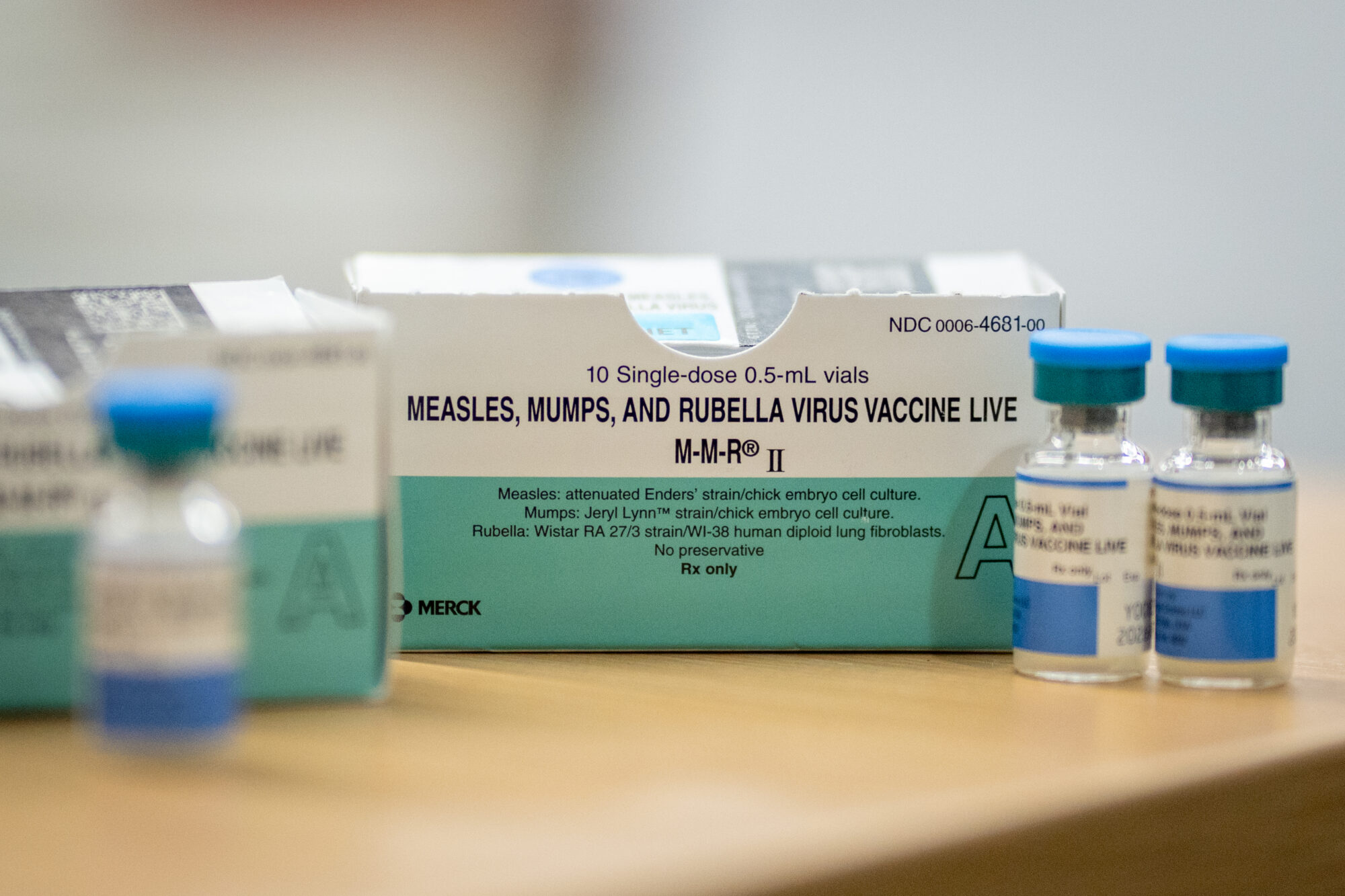 Boxes and vials of the Measles, Mumps, Rubella Virus Vaccine at a vaccine clinic put on by Lubbock Public Health Department on March 1, 2025 in Lubbock, Texas. 