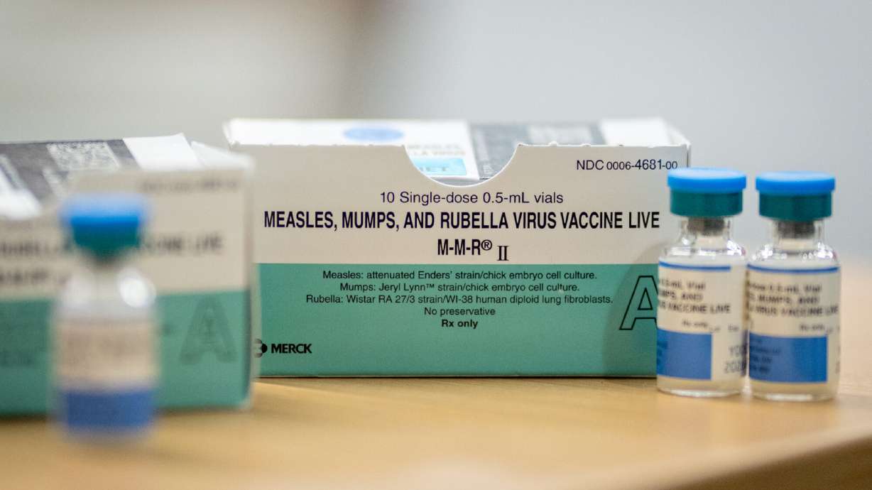 Boxes and vials of the Measles, Mumps, Rubella Virus Vaccine at a vaccine clinic put on by Lubbock Public Health Department on March 1, 2025 in Lubbock, Texas.