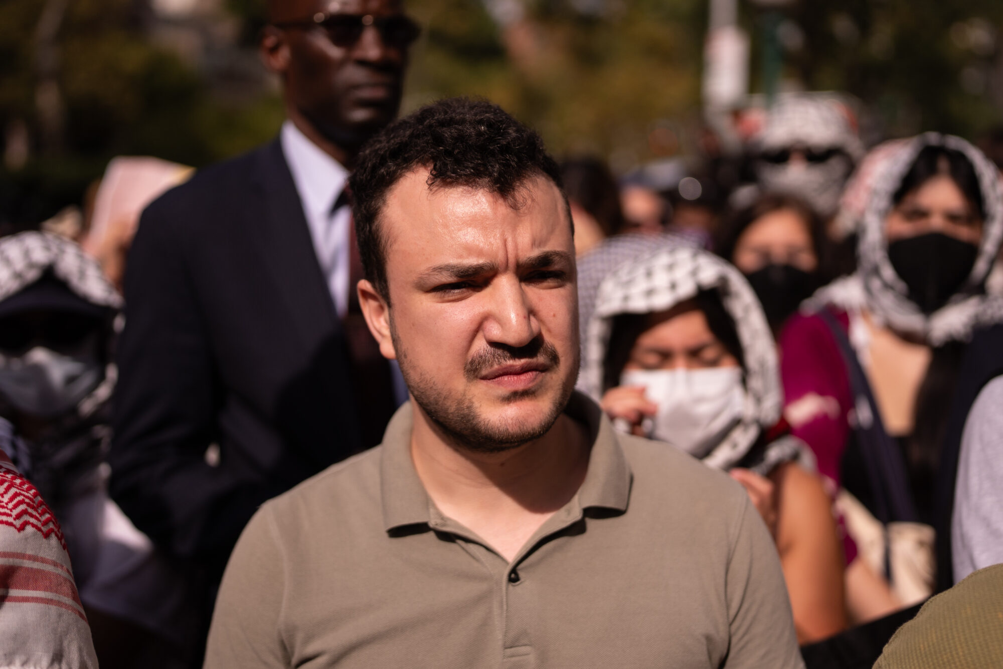 Mahmoud Khalil attends a vigil and protest for Palestine outside of Columbia University on October 7, 2025 in New York City.