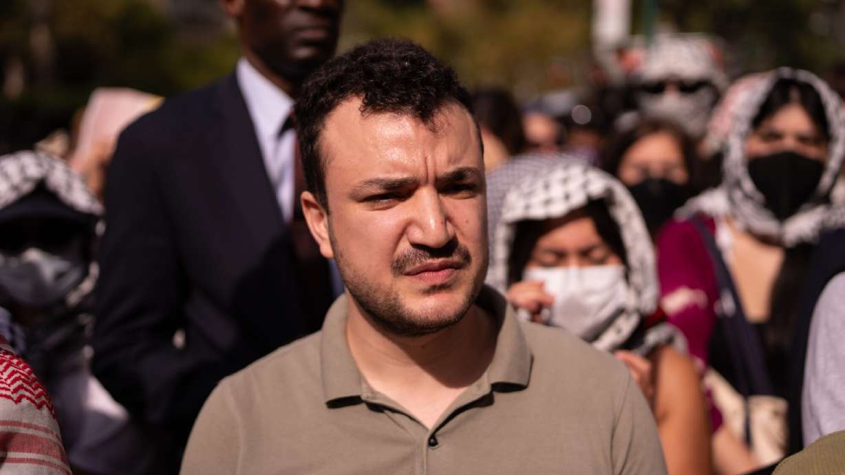 Mahmoud Khalil attends a vigil and protest for Palestine outside of Columbia University on October 7, 2025 in New York City.