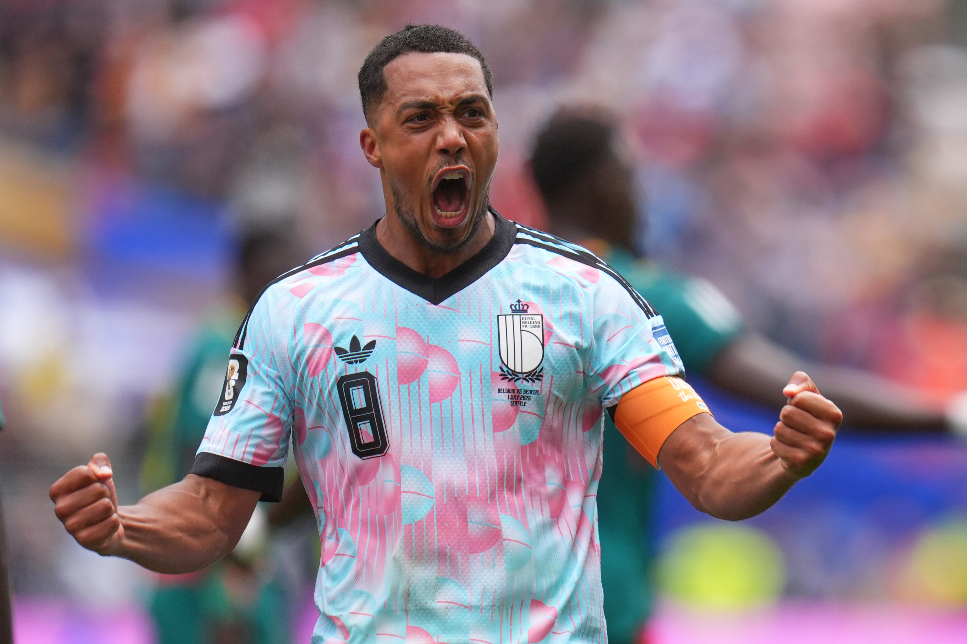 Belgium's Youri Tielemans (8) celebrates after scoring during the World Cup round of 32 soccer match between Belgium and Senegal in Seattle, Wednesday, July 1, 2026. 