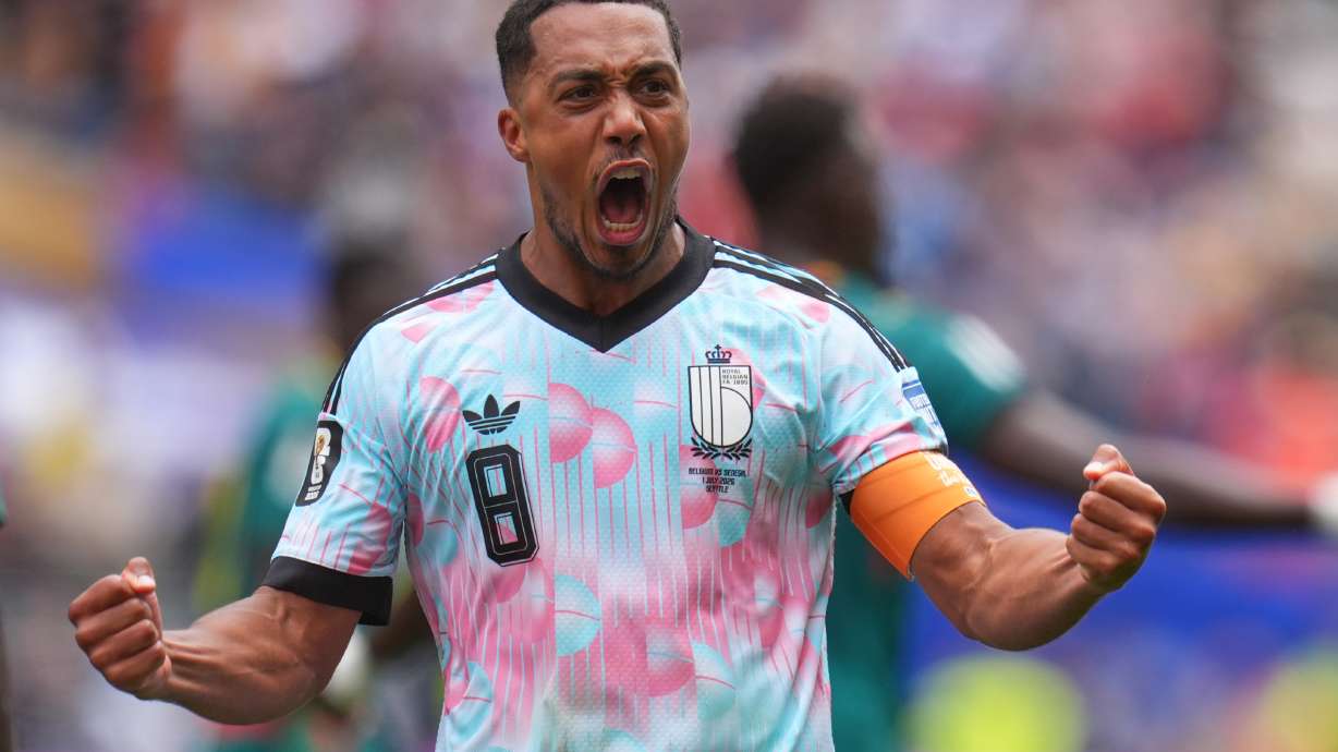 Belgium's Youri Tielemans (8) celebrates after scoring during the World Cup round of 32 soccer match between Belgium and Senegal in Seattle, Wednesday, July 1, 2026.