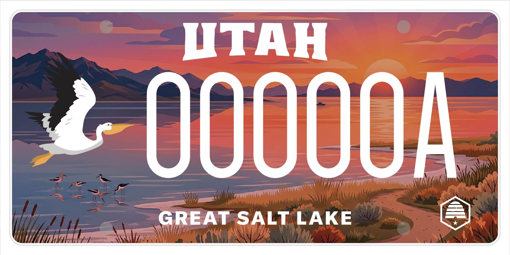 The new Great Salt Lake Preservation license plate that became available on Wednesday. It's an example of a colorful new design that the Utah Division of Motor Vehicles is now able to produce.