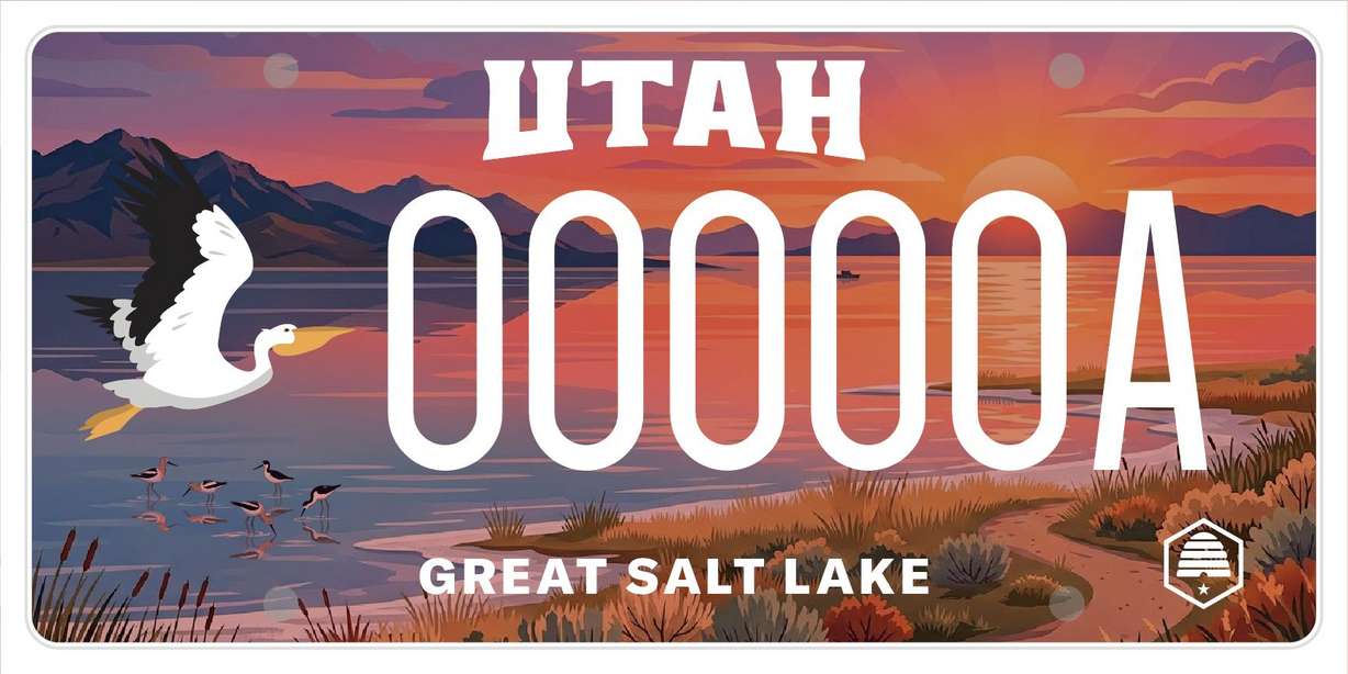 The new Great Salt Lake Preservation license plate that became available on Wednesday. It's an example of a colorful new design that the Utah Division of Motor Vehicles is now able to produce.