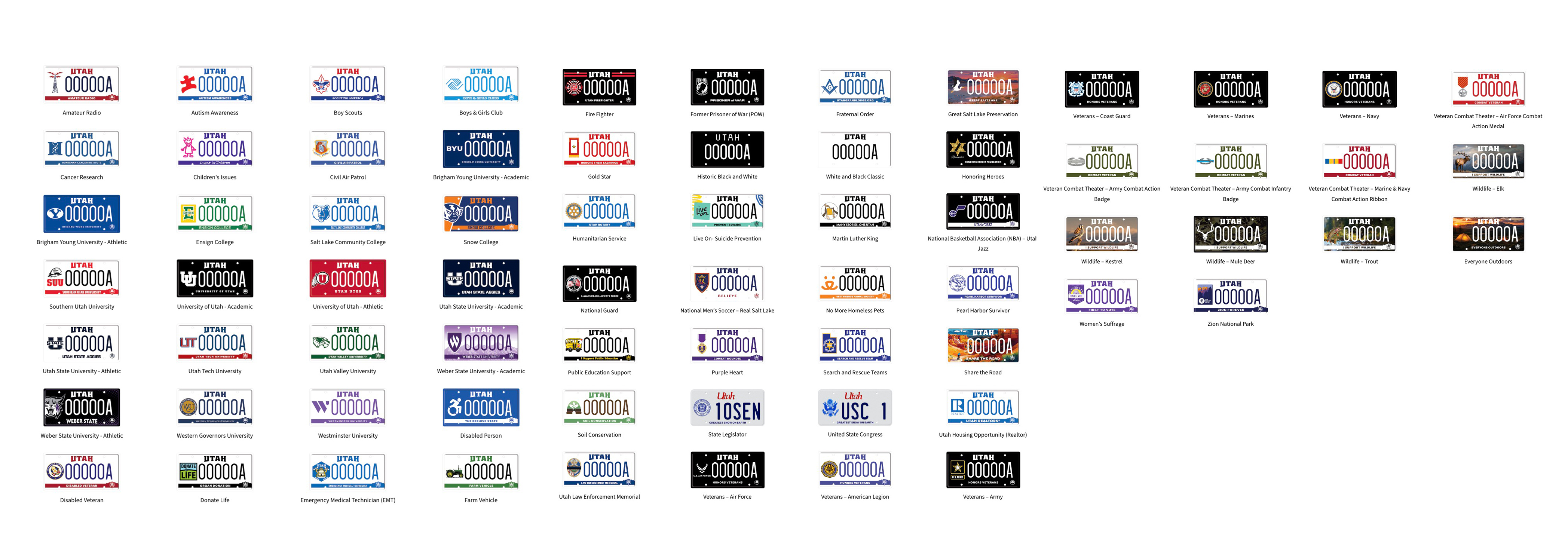 All of the new license plate designs that the Utah Division of Motor Vehicles are now offering, starting on Wednesday. A Utah Mammoth plate could also be added soon.