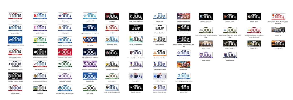 All of the new license plate designs that the Utah Division of Motor Vehicles are now offering, starting on Wednesday. A Utah Mammoth plate could also be added soon.