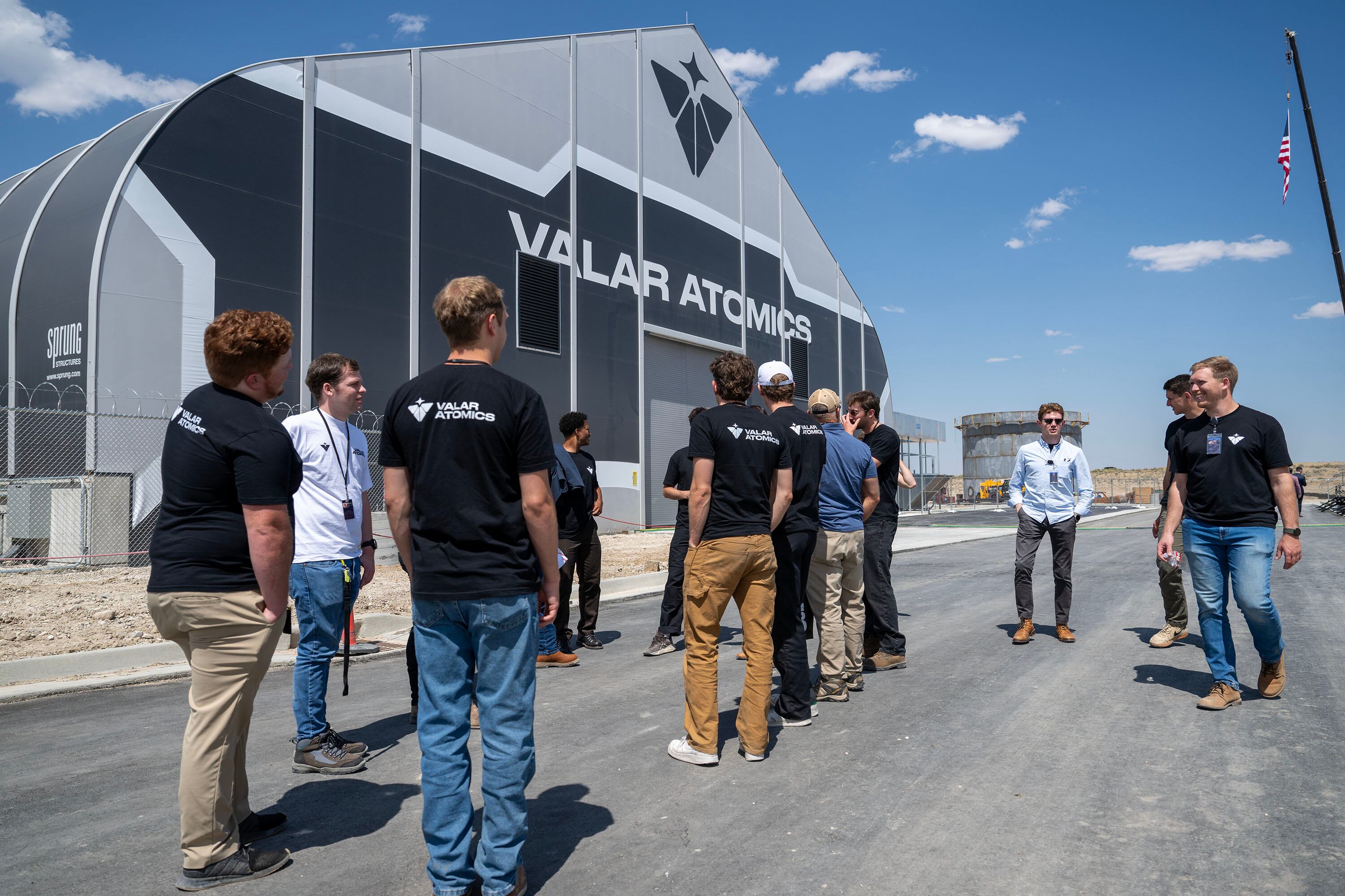 Guests and employees exit following the festivities as Valar Atomics and Nvidia celebrate a milestone in atomic energy and artificial intelligence at a large party gathering at the Orangeville site on Wednesday, July 1, 2026.