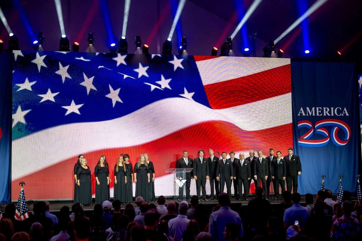 A choir performs the national anthem as Valar Atomics and Nvidia celebrate a milestone in atomic energy and artificial intelligence at a large party gathering at the Orangeville site on Wednesday, July 1, 2026.