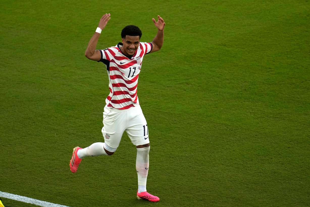 United States' Malik Tillman (17) celebrates after scoring his side's second goal during the World Cup round of 32 soccer match between the United States and Bosnia in Santa Clara, Calif., near San Francisco, Wednesday, July 1, 2026.