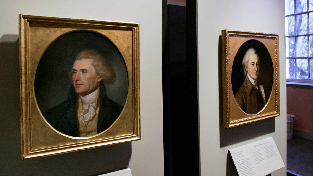 Portraits of Thomas Jefferson, left, and John Dickinson, right, by by Charles Willson Peale are seen at the refurbished Second Bank of the United States in Philadelphia on Nov. 26, 2004. Dickinson has been remembered as the man who wouldn't sign the Declaration of Independence.