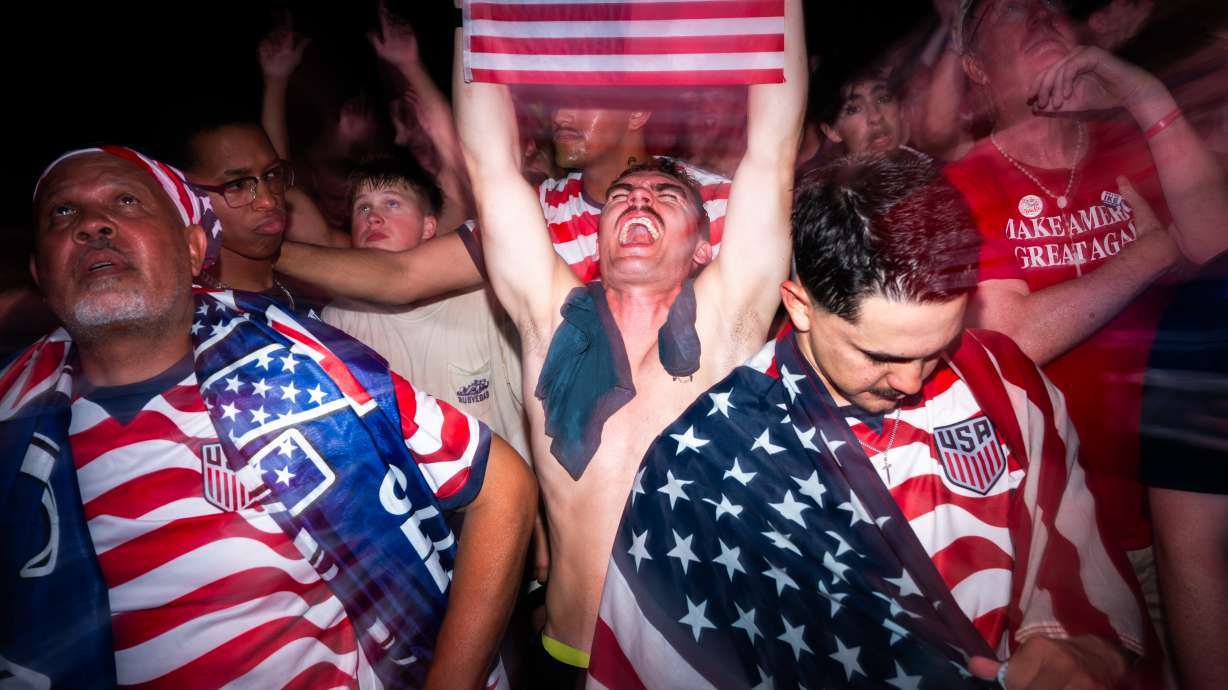 People attend a watch party for a World Cup soccer match between the United States and Bosnia Wednesday, July 1, 2026, in Washington, at the FIFA Fan Zone on the National Mall.