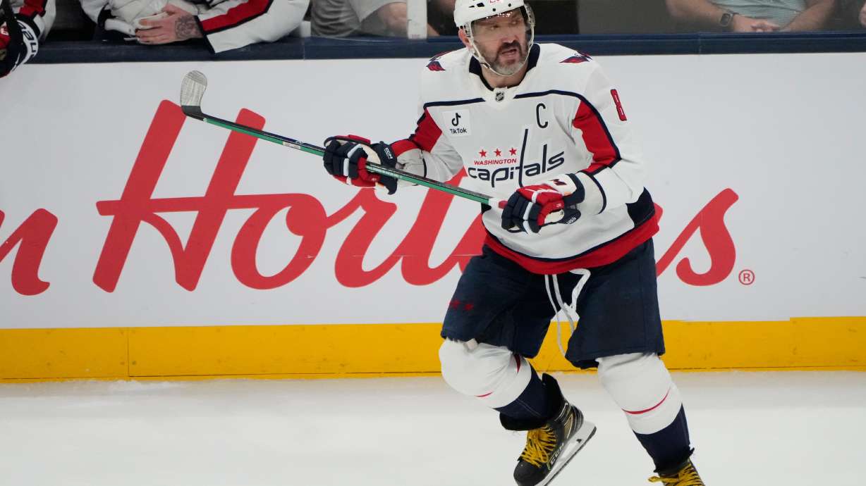 FILE - Washington Capitals left wing Alex Ovechkin (8) skates in the third period of an NHL hockey game against the Columbus Blue Jackets on April 14, 2026, in Columbus, Ohio.