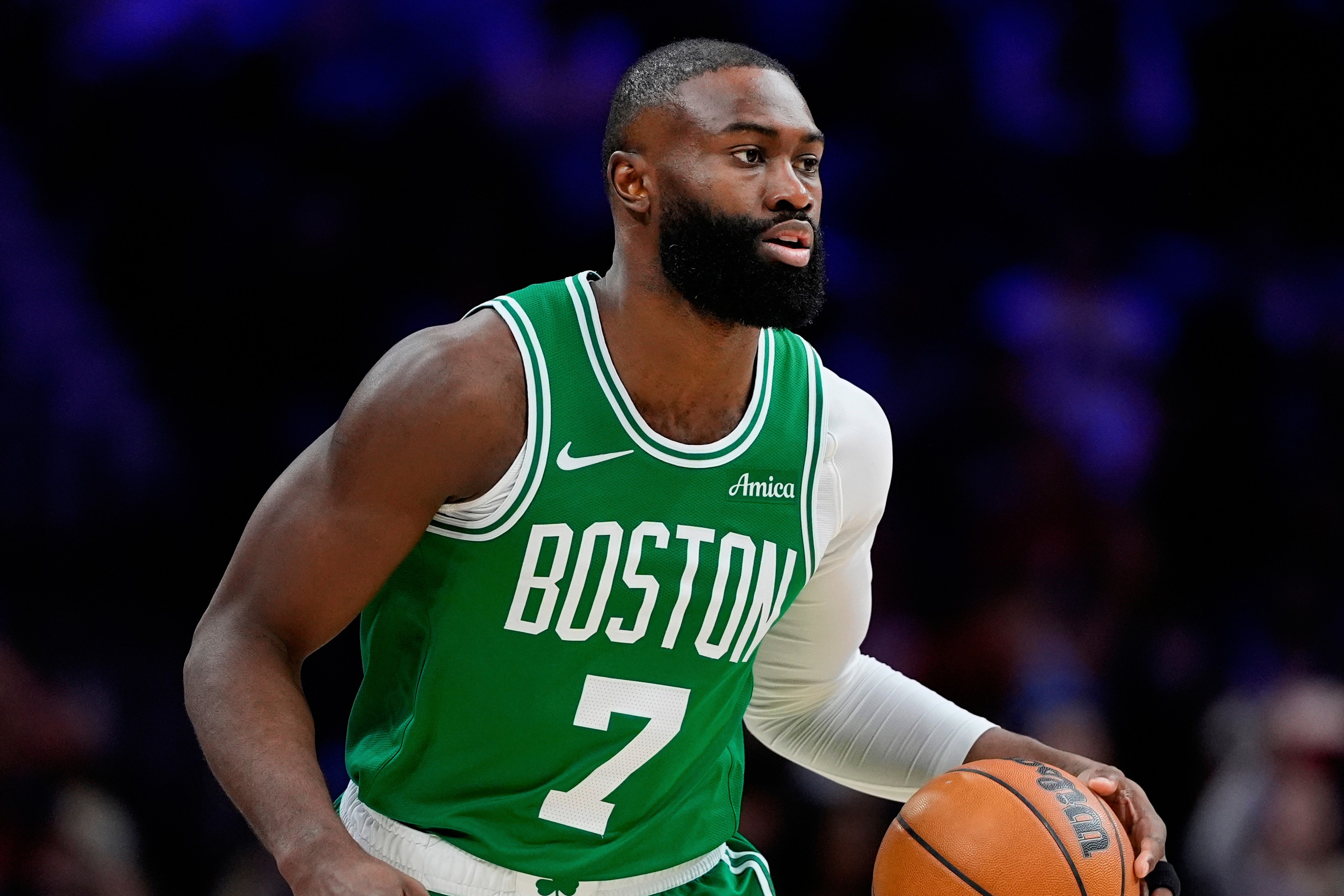 FILE - Boston Celtics' Jaylen Brown plays during Game 6 in a first-round NBA basketball playoff series Thursday, April 30, 2026, in Philadelphia. 
