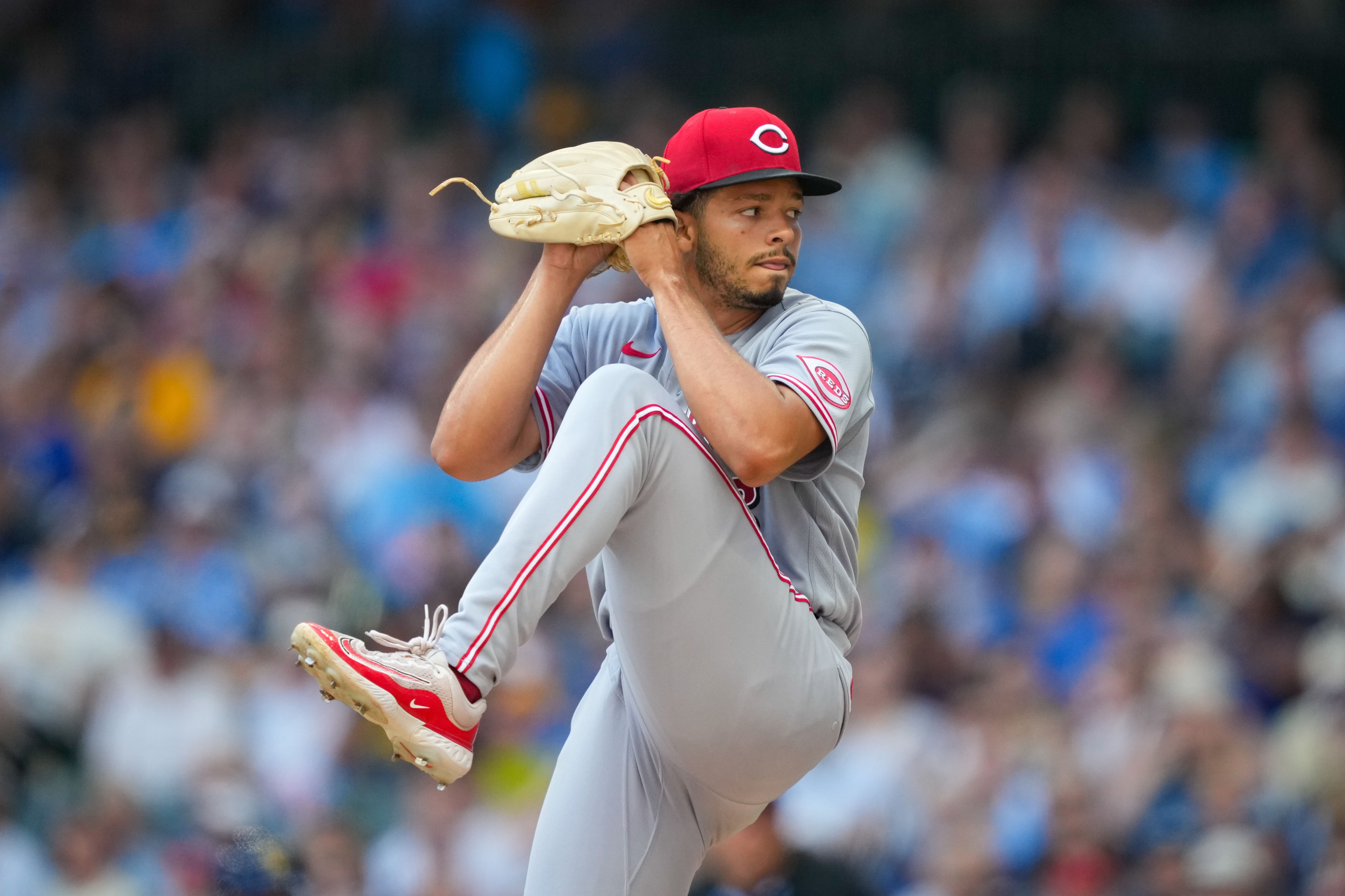 Cincinnati Reds pitcher Chase Burns throws during the first inning of a baseball game against the Milwaukee Brewers Thursday, July 2, 2026, in Milwaukee. 
