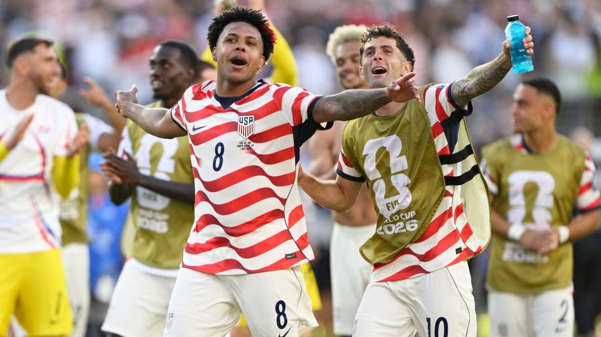 United States' Weston McKennie (8) and Christian Pulisic (10) celebrate winning the World Cup round of 32 soccer match between the United States and Bosnia in Santa Clara, Calif., near San Francisco, Wednesday, July 1, 2026.