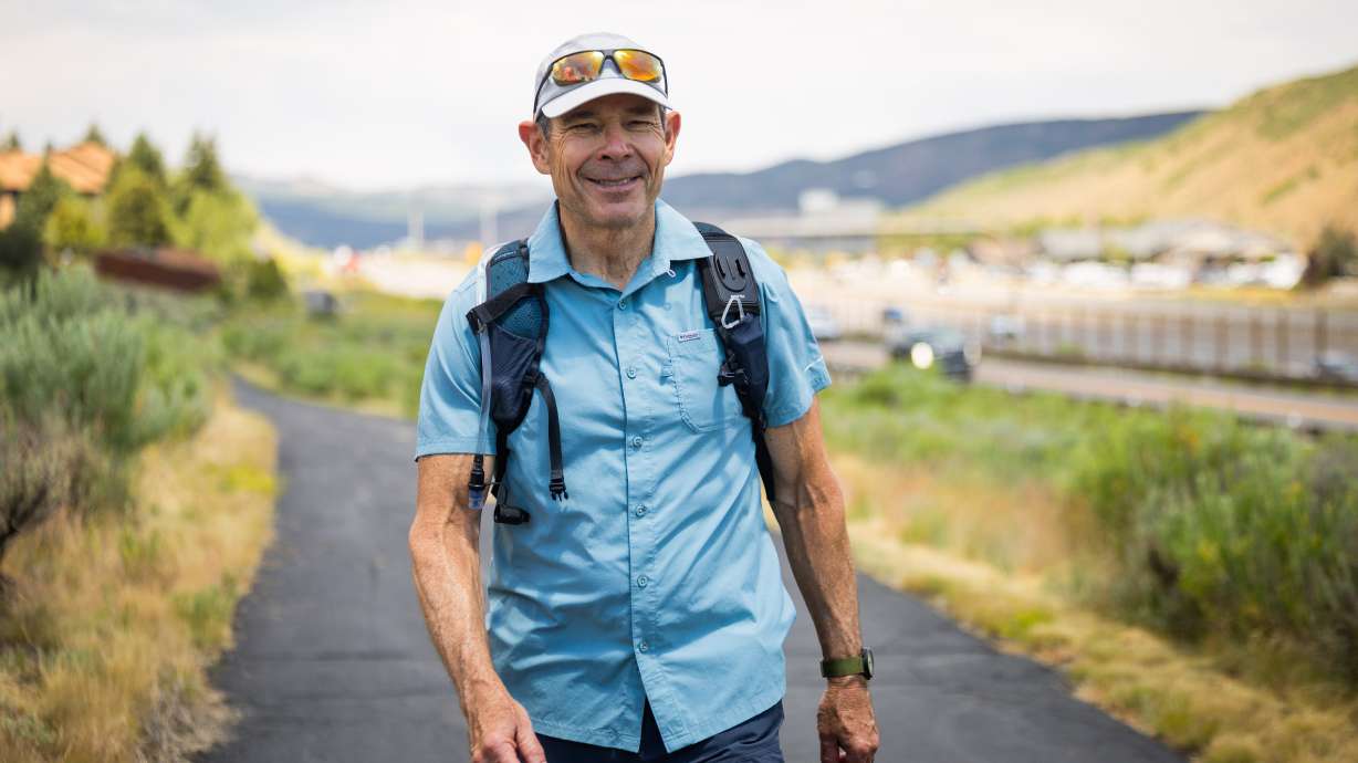 Sen. John Curtis, R-Utah, walks a 4-mile stretch from above Jeremy Ranch to Kimball Junction in Park City on Wednesday, as a part of his America 250 walk from Bear Lake to the Stadium of Fire. The walk follows a 250-mile route over nine days.
