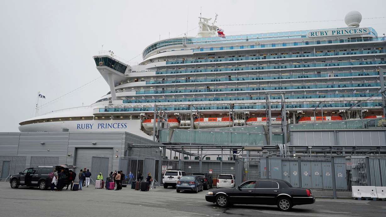 The Ruby Princess is docked in San Francisco, Jan. 6, 2021. More than 120 passengers and crew members on a Princess Cruises ship that docked in San Francisco on Thursday were infected with a stomach virus while on their voyage.