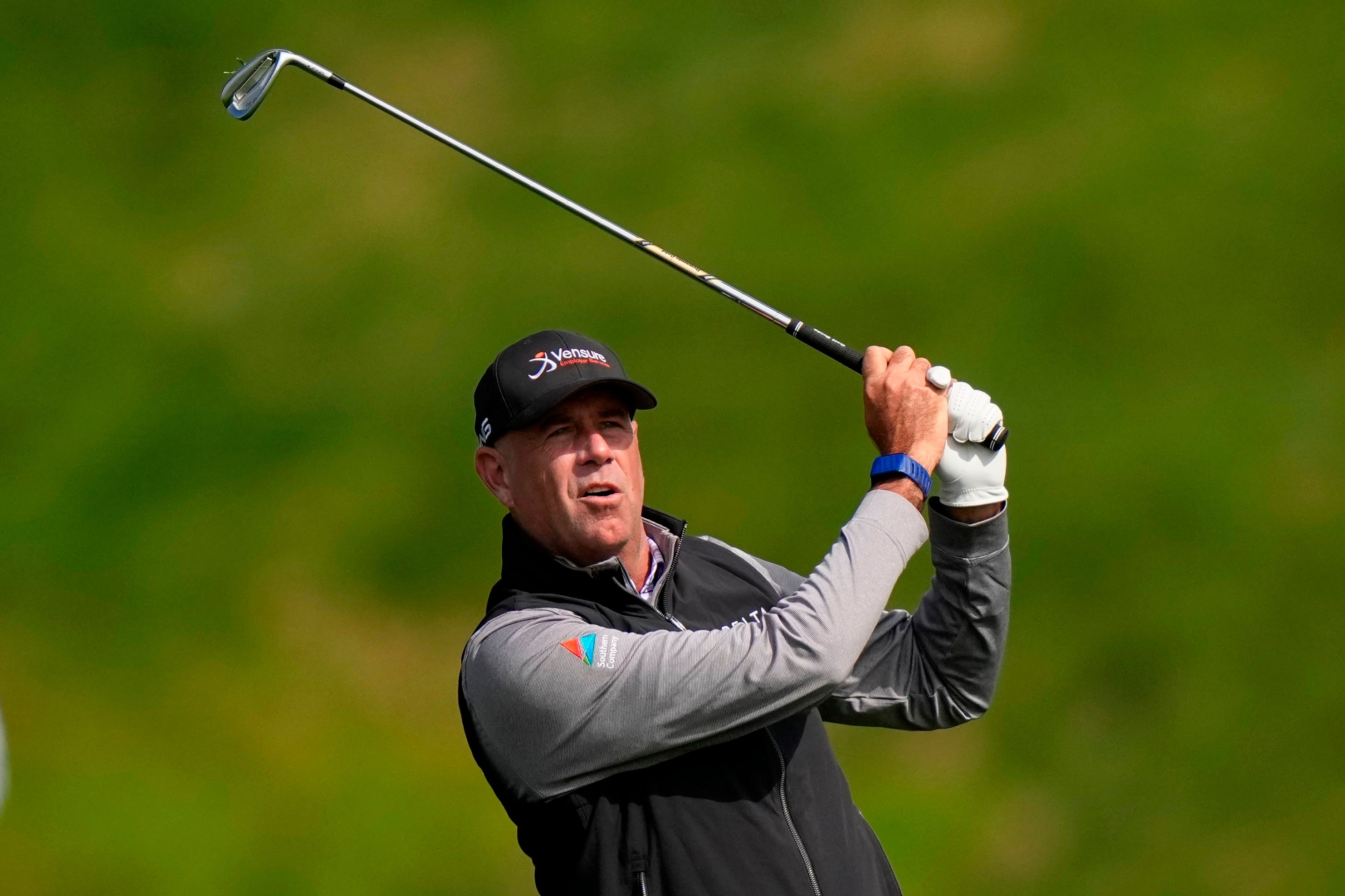 FILE - Stewart Cink hits from the first fairway during the second round of the PGA Championship golf tournament at Aronimink Golf Club May 15, 2026, in Newtown Square, PA. 