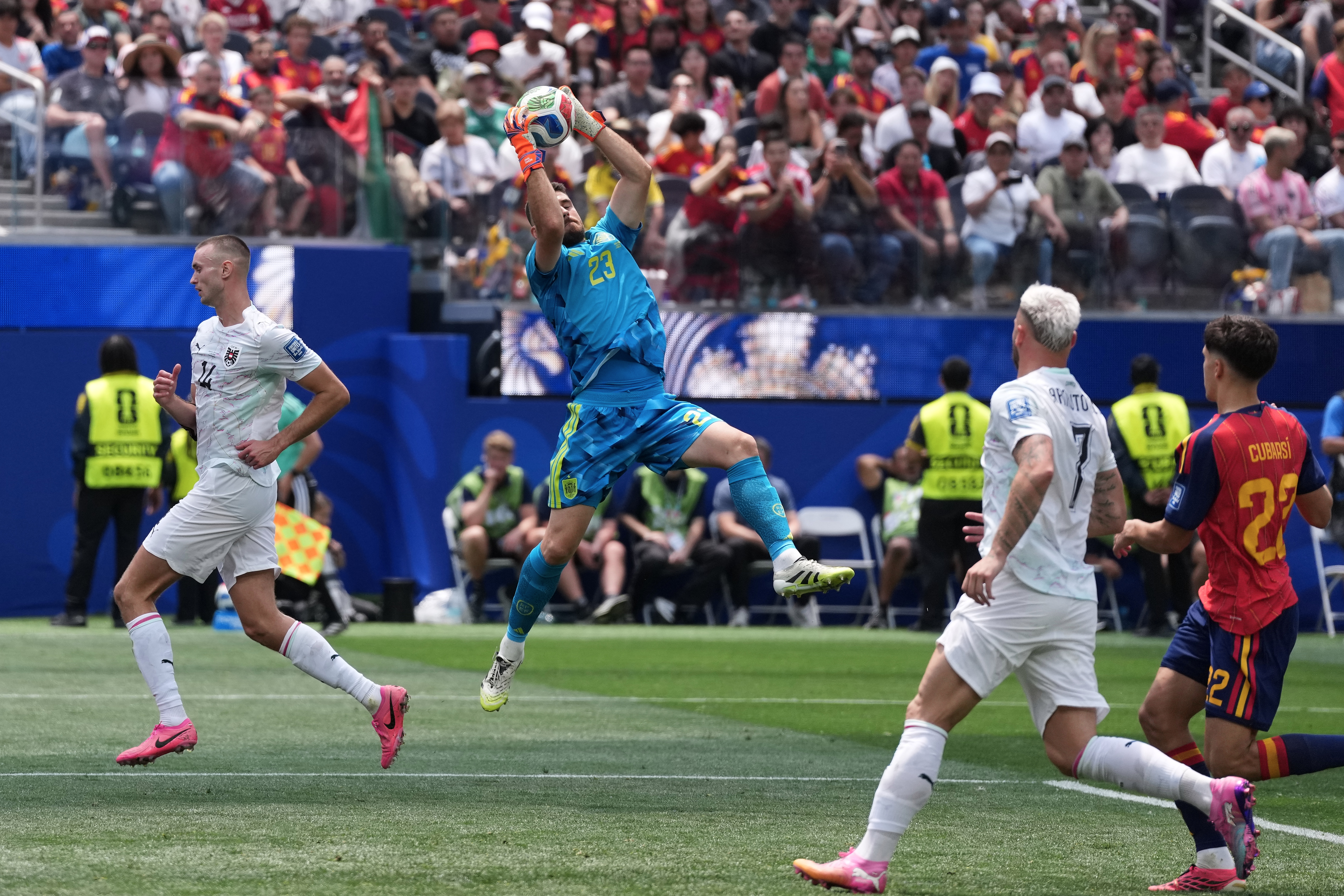 Spain goalkeeper Unai Simon (23) makes a save during the World Cup round of 32 soccer match between Spain and Austria in Inglewood, Calif., near Los Angeles, Thursday, July 2, 2026. 