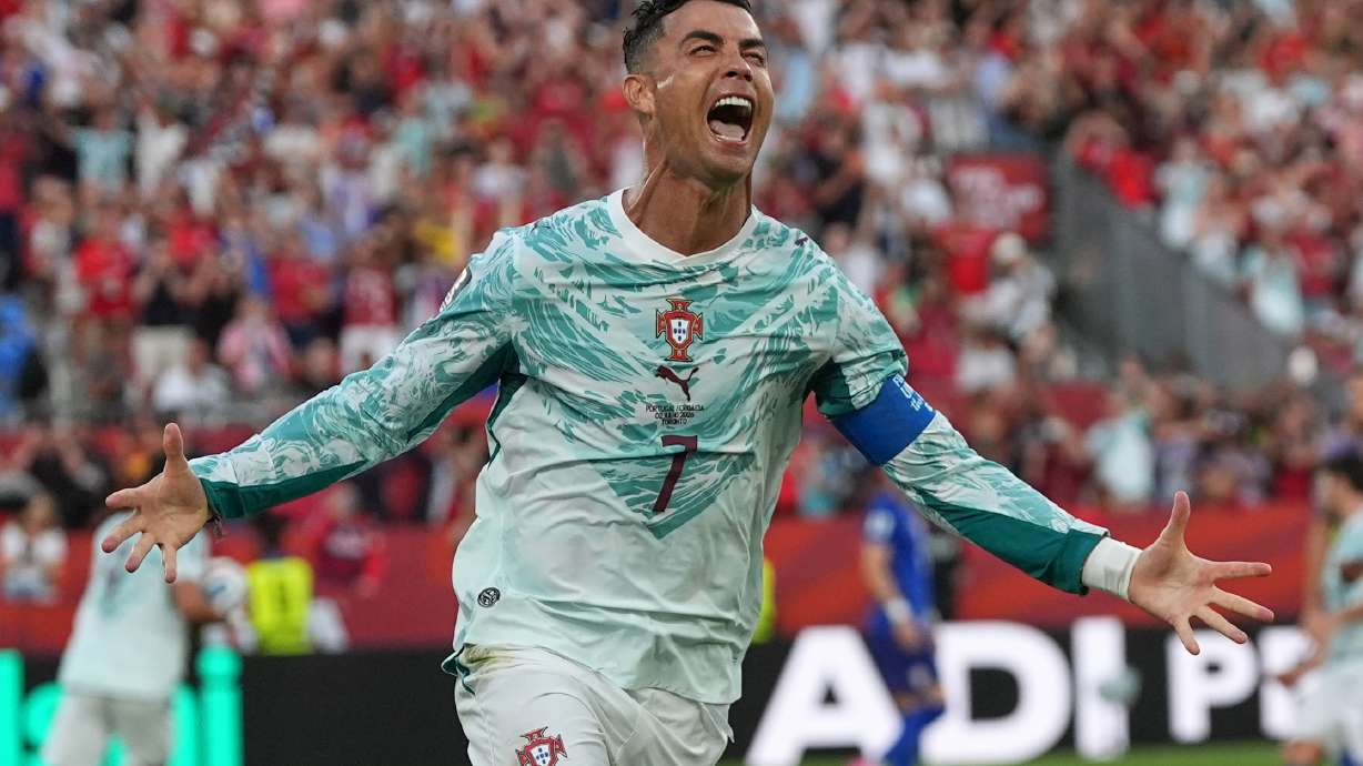 Portugal's Cristiano Ronaldo (7) celebrates after scoring their opening goal during the World Cup round of 32 soccer match between Portugal and Croatia in Toronto, Thursday, July 2, 2026.