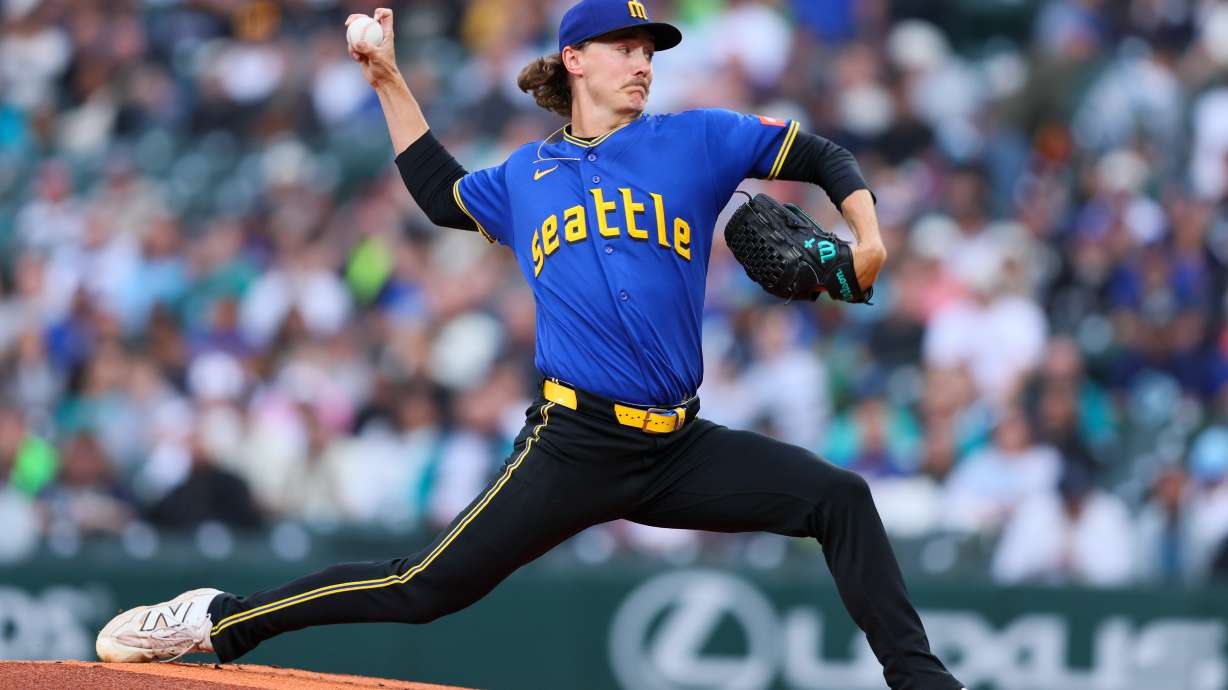 Seattle Mariners pitcher Bryce Miller delivers in the first inning of a baseball game against the Los Angeles Angels, Thursday, July 2, 2026, in Seattle.