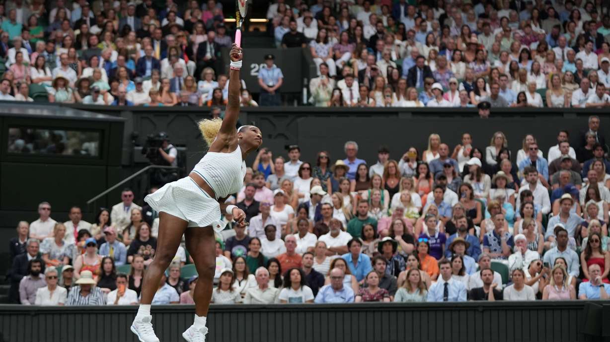 Serena Williams of the United States serves against Maya Joint of Australia in their first round women's singles match at the Wimbledon Tennis Championships in London, Tuesday, June 30, 2026.