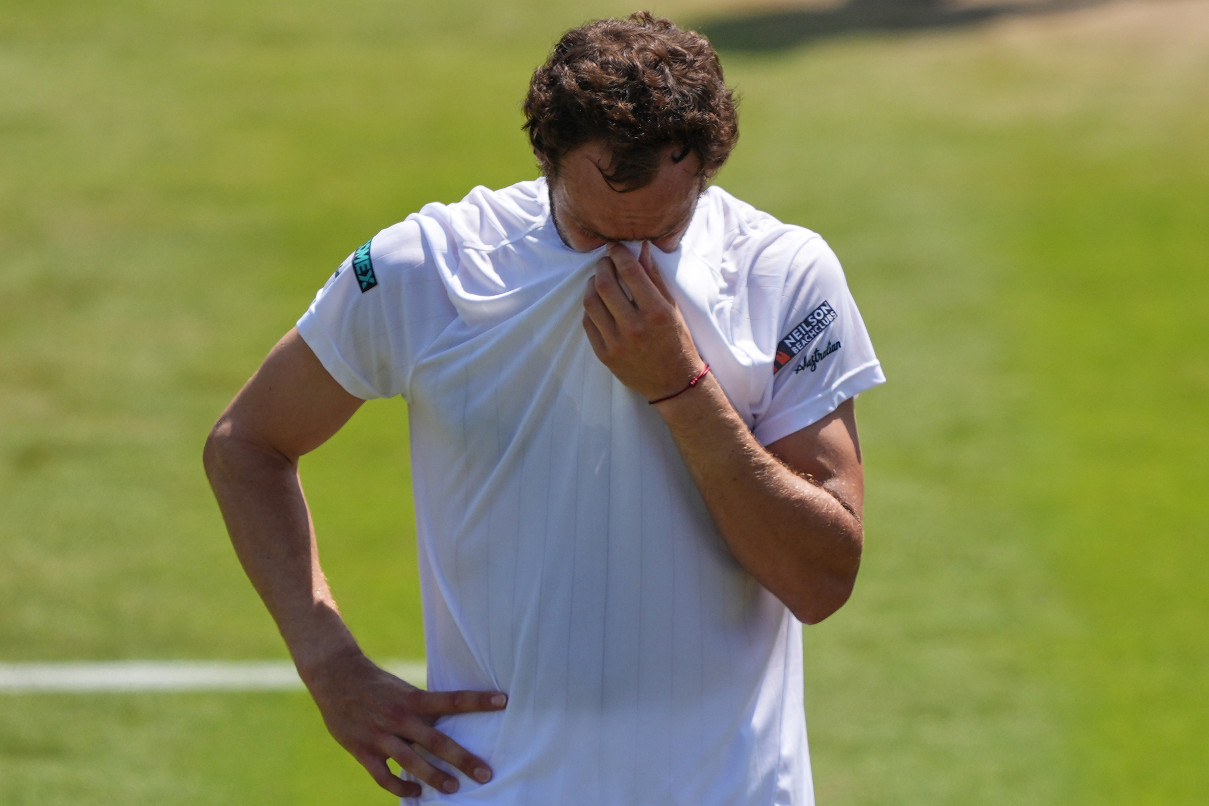 Roman Safiullin of Russia reacts winning the third round men's singles match against Joao Fonseca of Brazil at the Wimbledon Tennis Championships in London, Friday, July 3, 2026.