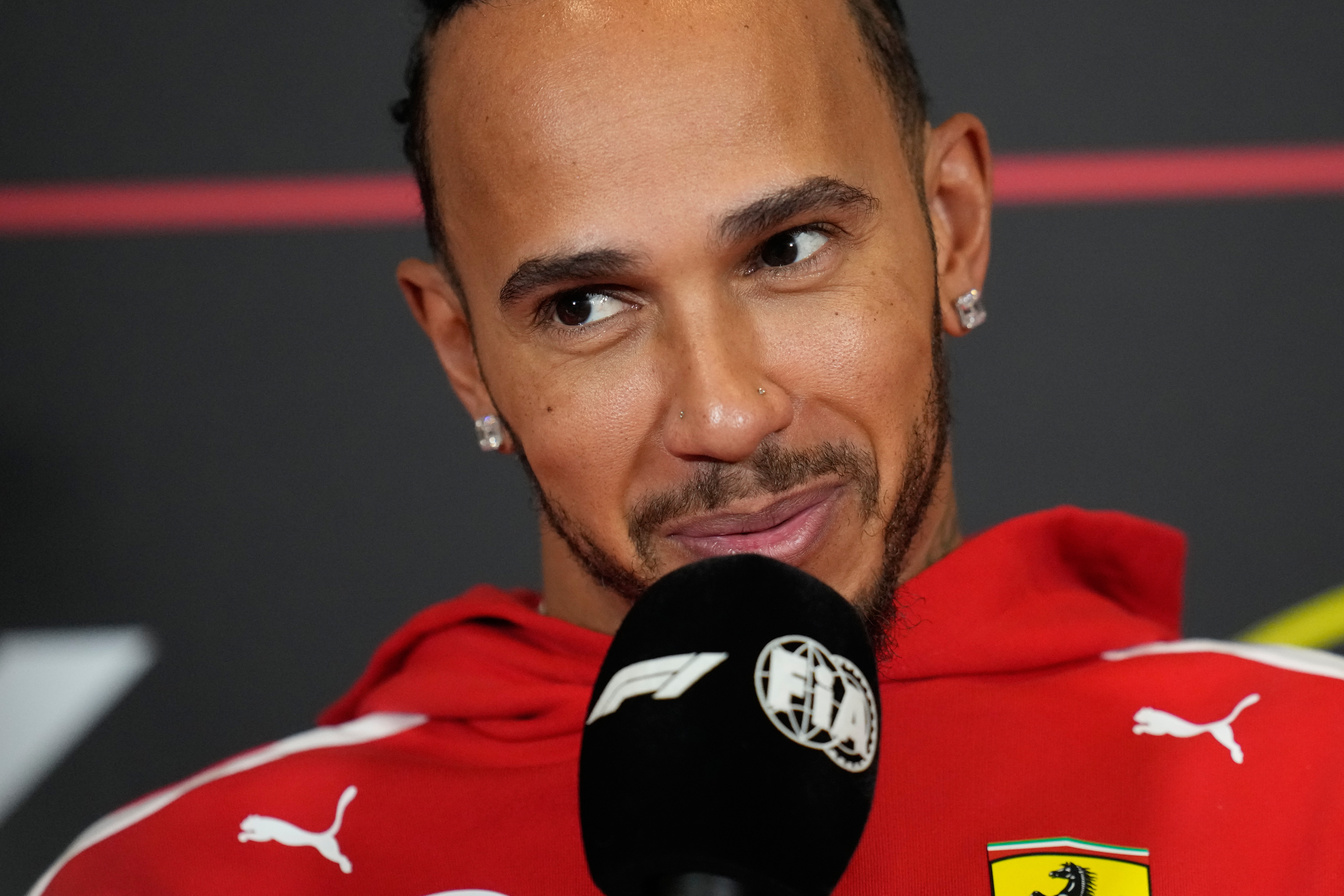 Ferrari driver Lewis Hamilton of Britain attends a news conference ahead of the British F1 Grand Prix, in Silverstone, England, Thursday, July 2, 2026. 