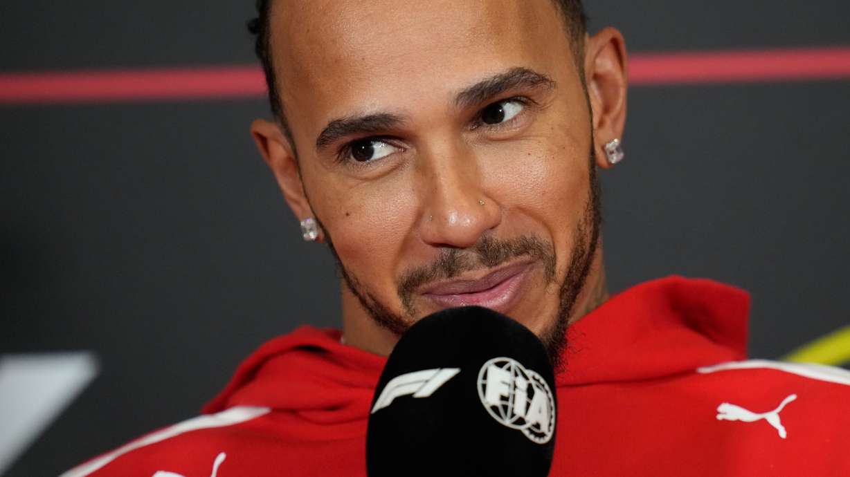 Ferrari driver Lewis Hamilton of Britain attends a news conference ahead of the British F1 Grand Prix, in Silverstone, England, Thursday, July 2, 2026.