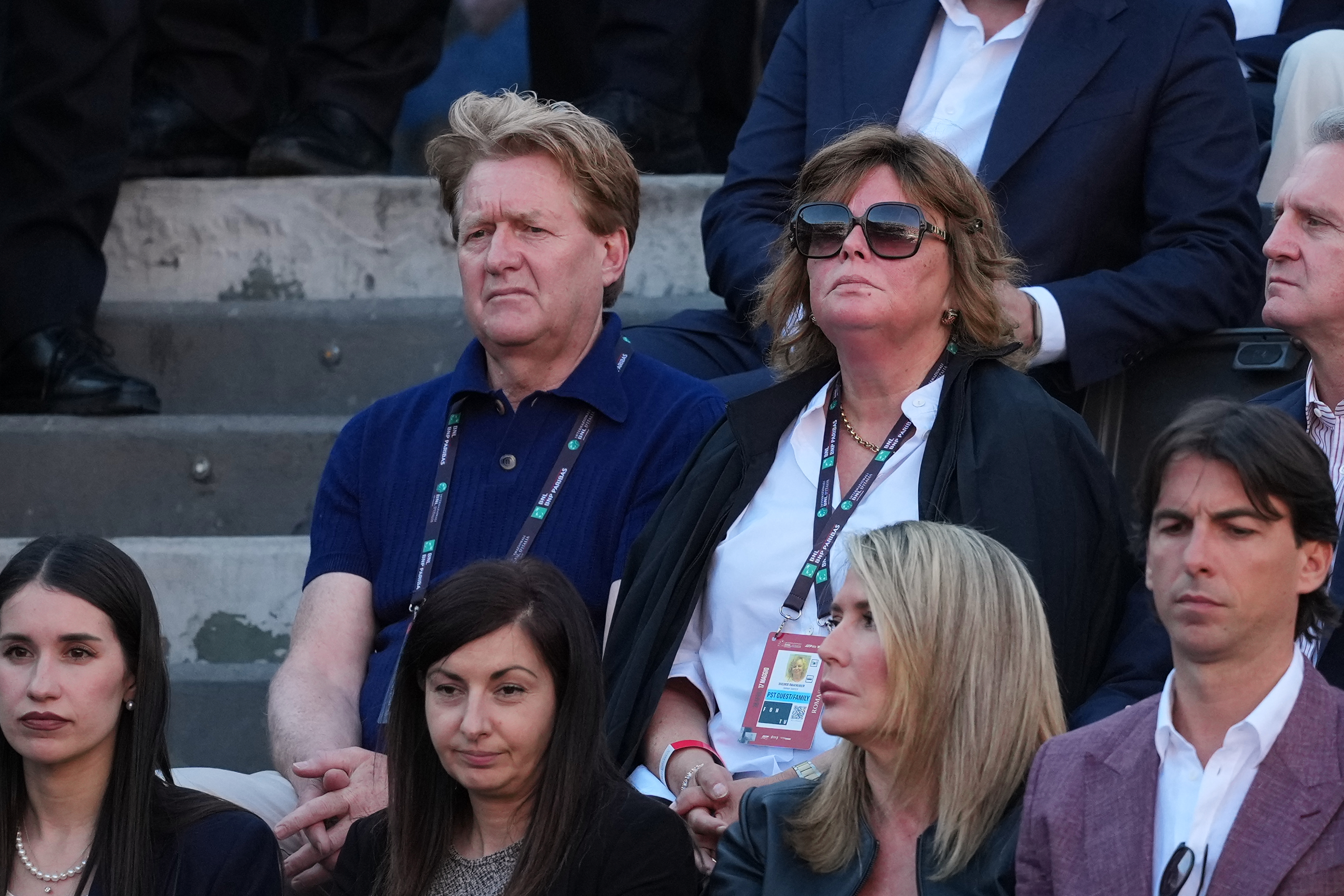 FILE - Johann, left, and Siglind Sinner, the parents of Jannik Sinner, of Italy, watch his final match against Casper Ruud, of Norway, at the Italian Open tennis tournament, in Rome, May 17, 2026. 