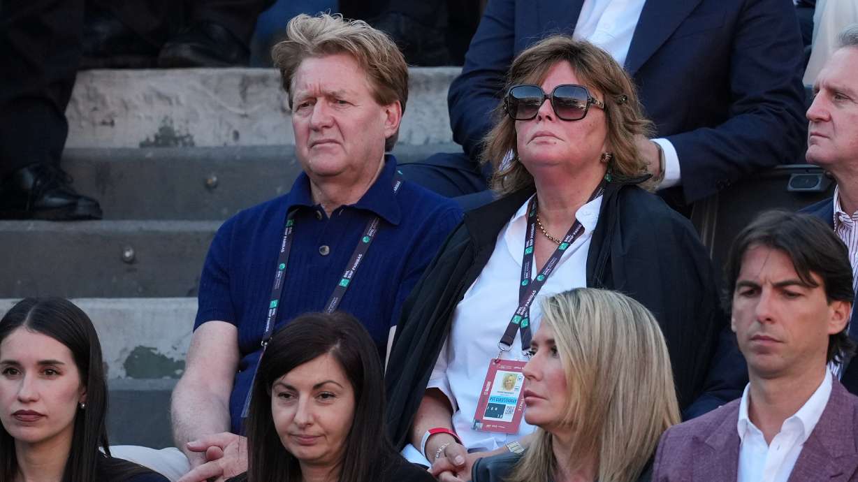 FILE - Johann, left, and Siglind Sinner, the parents of Jannik Sinner, of Italy, watch his final match against Casper Ruud, of Norway, at the Italian Open tennis tournament, in Rome, May 17, 2026.