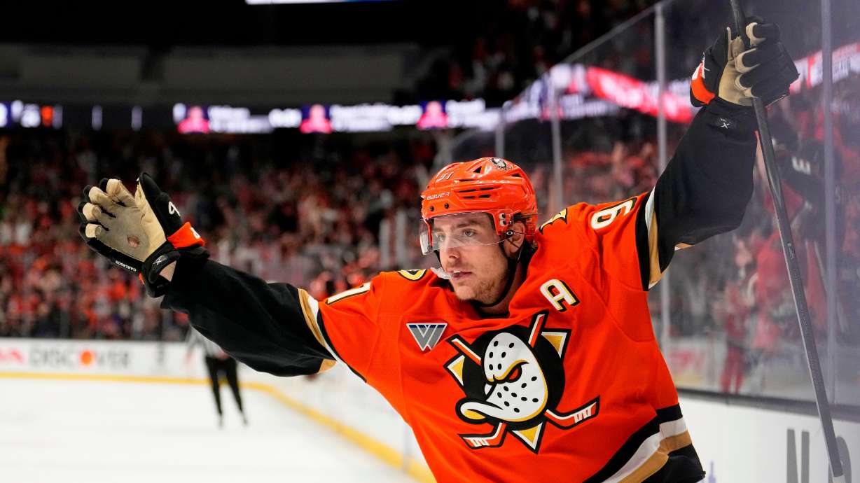FILE - Anaheim Ducks center Leo Carlsson celebrates his empty net goal during the third period of Game 6 in the first round of the NHL hockey Stanley Cup playoffs series against the Edmonton Oilers, April 30, 2026, in Anaheim, Calif.