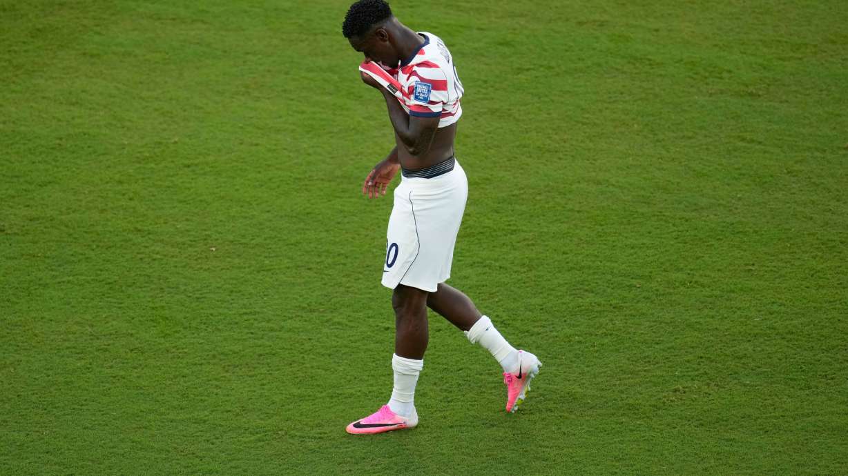 United States' Folarin Balogun (20) reacts to a red card during the World Cup round of 32 soccer match between the United States and Bosnia in Santa Clara, Calif., near San Francisco, Wednesday, July 1, 2026.