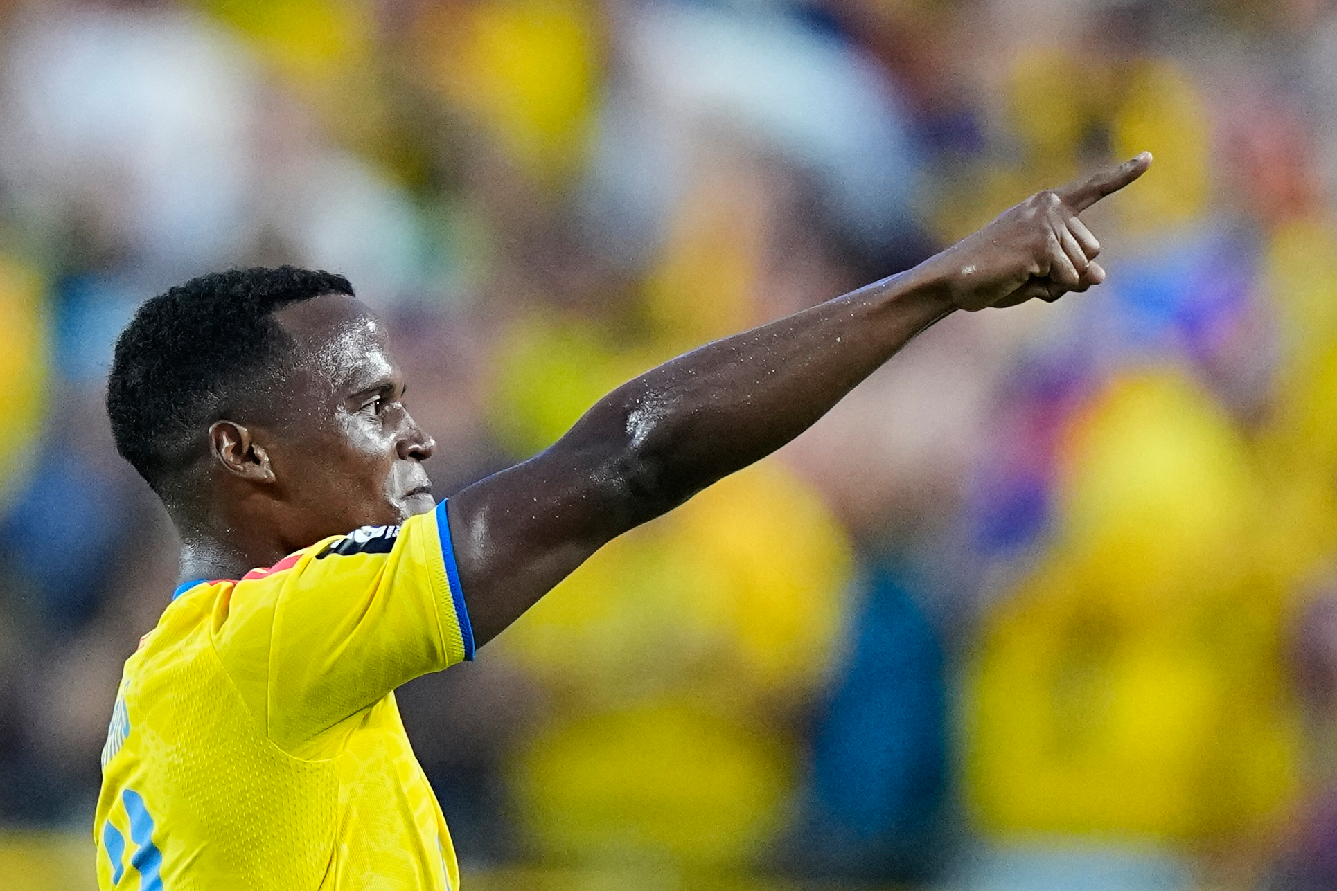 Colombia's Jhon Arias (11) reacts after scoring his team's first goal during the World Cup round of 32 soccer match between Colombia and Ghana in Kansas City, Mo., Friday, July 3, 2026. 
