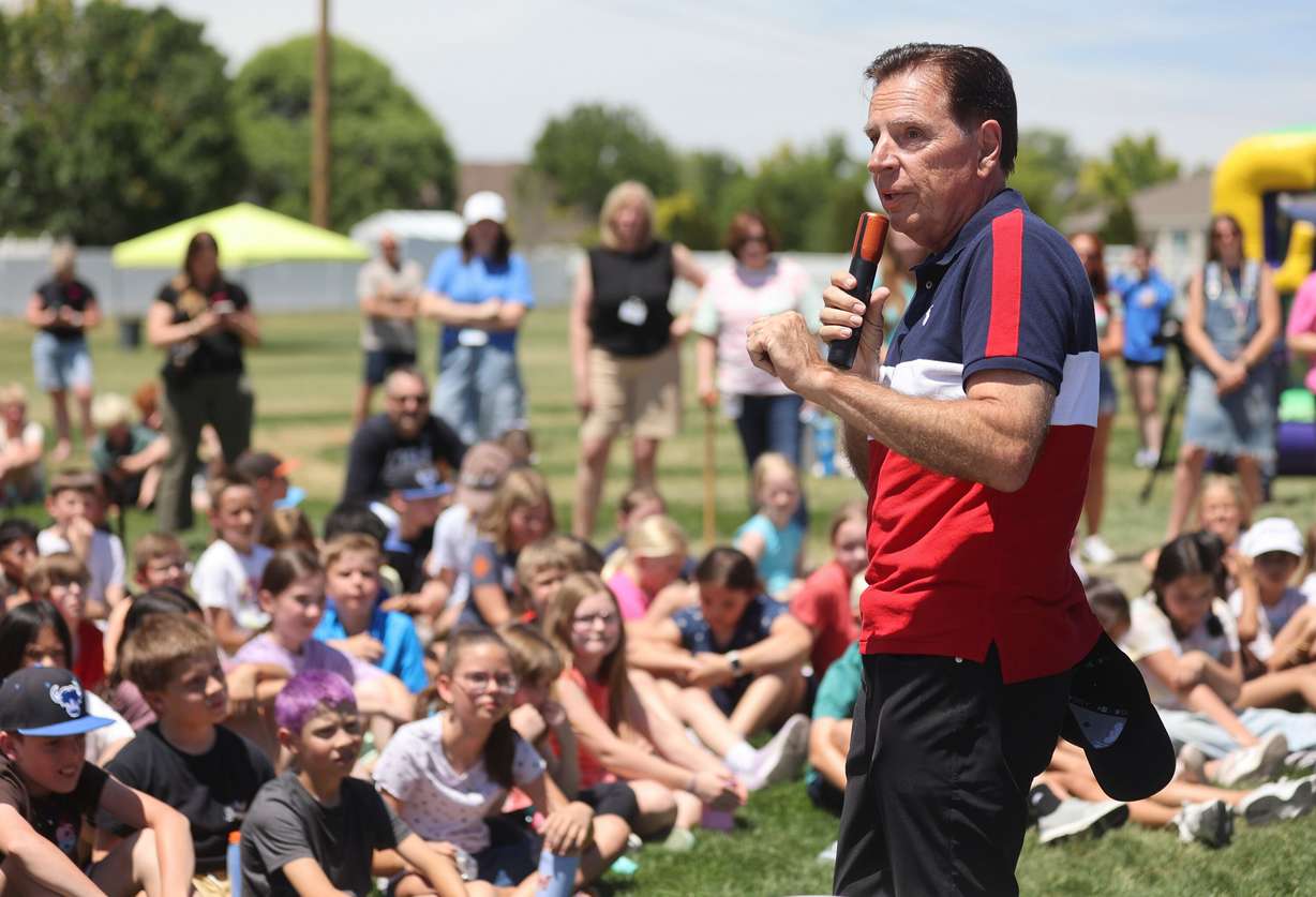 Fraser Bullock, president and executive chair of the Utah 2034 organizing committee, talks to students as Olympians and Paralympians join field day at South Jordan Elementary School on June 3. Bullock said he's excited about the potential changes coming to the Winter Olympics.