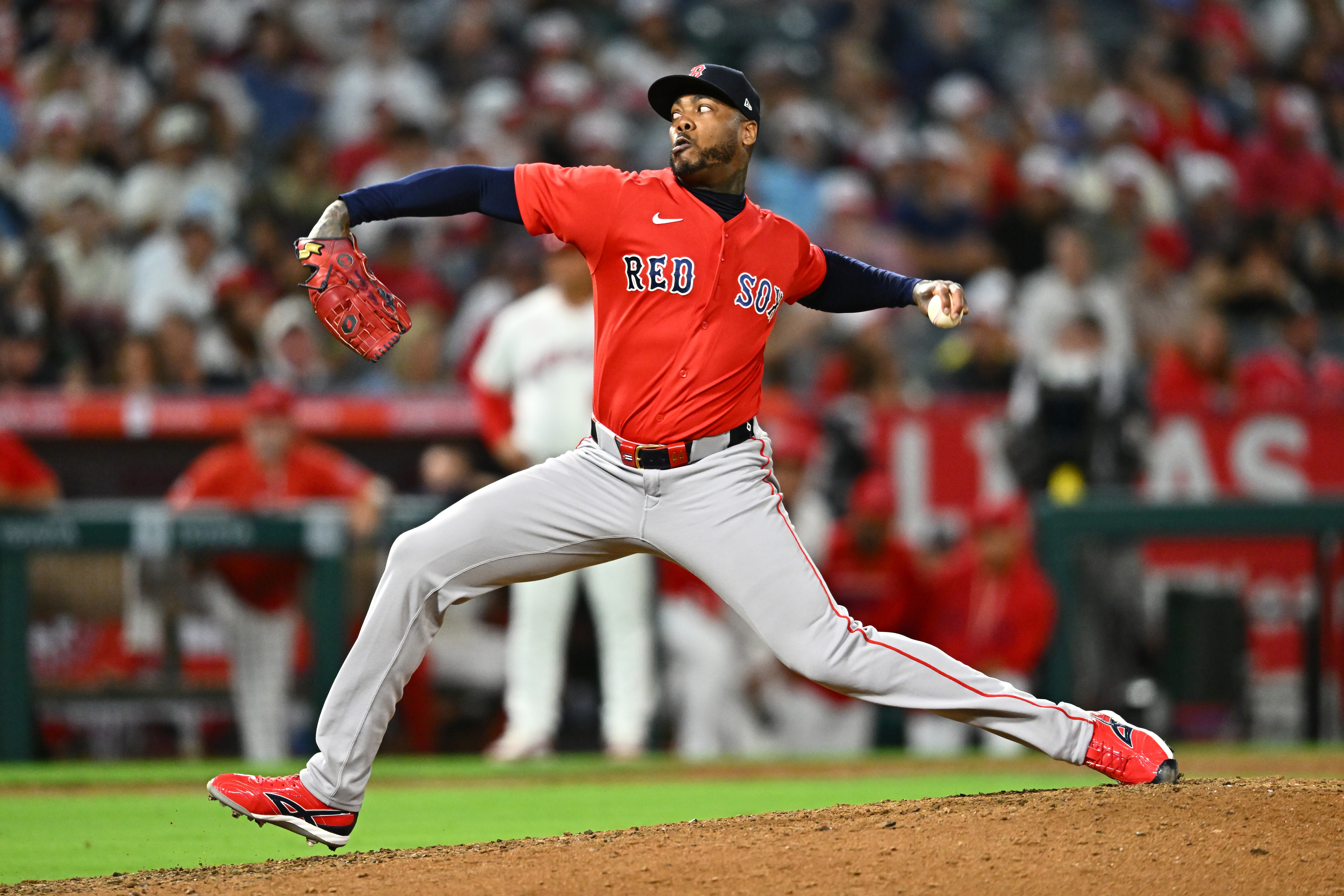 Boston Red Sox pitcher Aroldis Chapman delivers during the ninth inning of a baseball game against the Los Angeles Angels, Friday, July 3, 2026, in Anaheim, Calif. 
