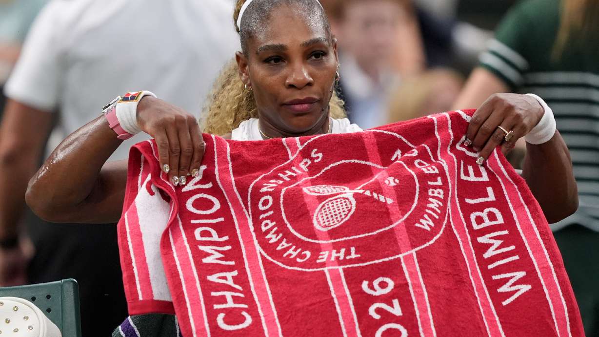 Serena Williams of the United States sits during a changeover in her first round women's singles match against Maya Joint of Australia, at the Wimbledon Tennis Championships in London, Tuesday, June 30, 2026.