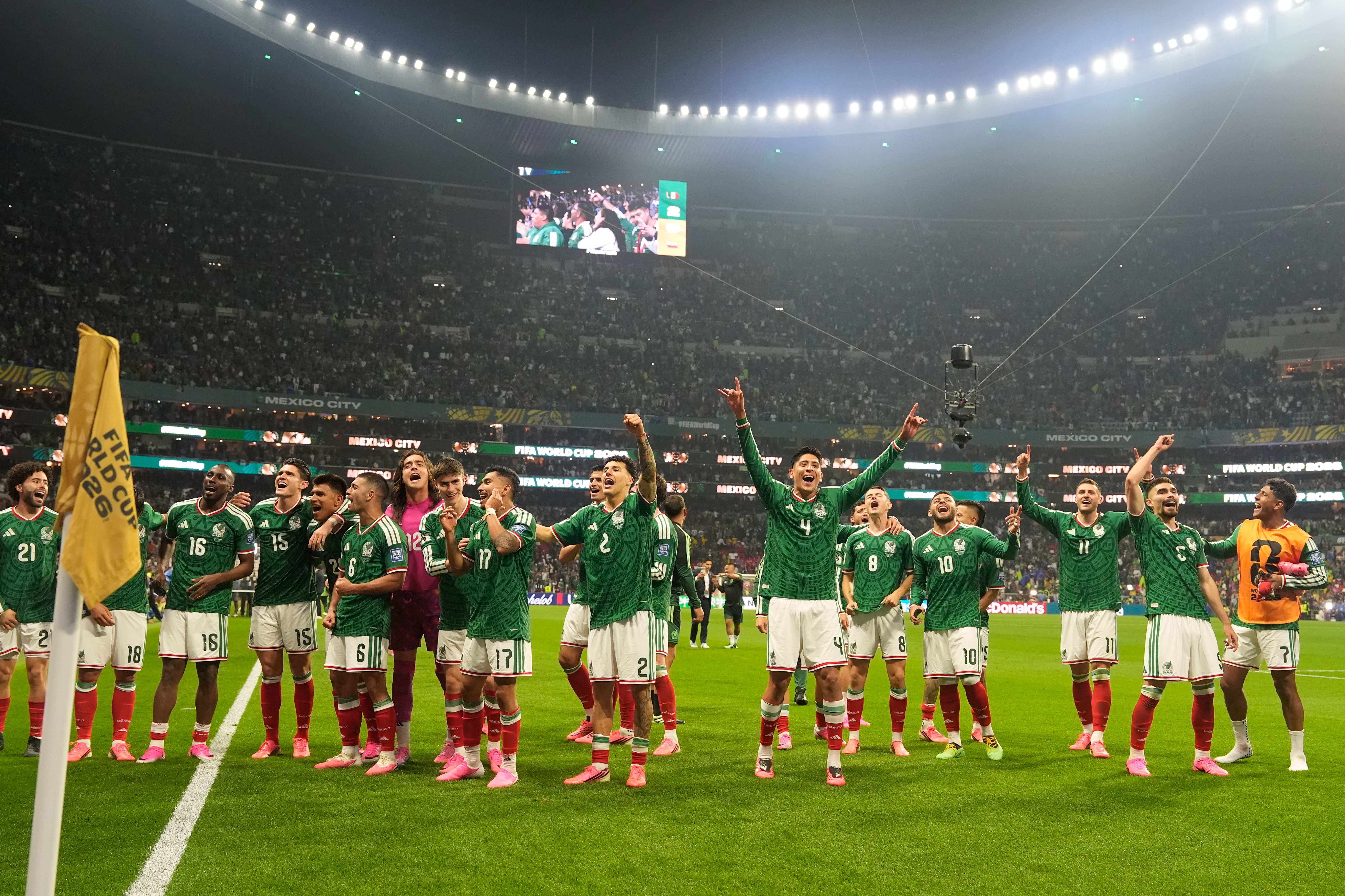 Mexico players celebrate after the World Cup round of 32 soccer match between Mexico and Ecuador in Mexico City, Tuesday, June 30, 2026. 