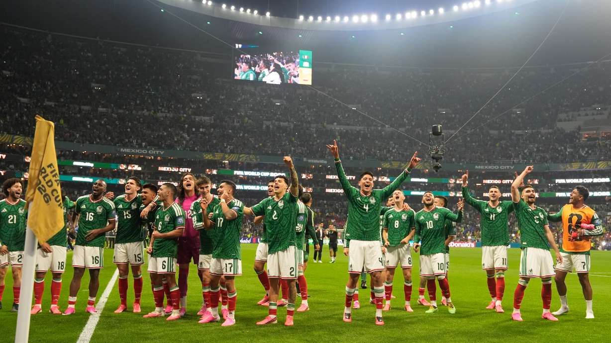 Mexico players celebrate after the World Cup round of 32 soccer match between Mexico and Ecuador in Mexico City, Tuesday, June 30, 2026.