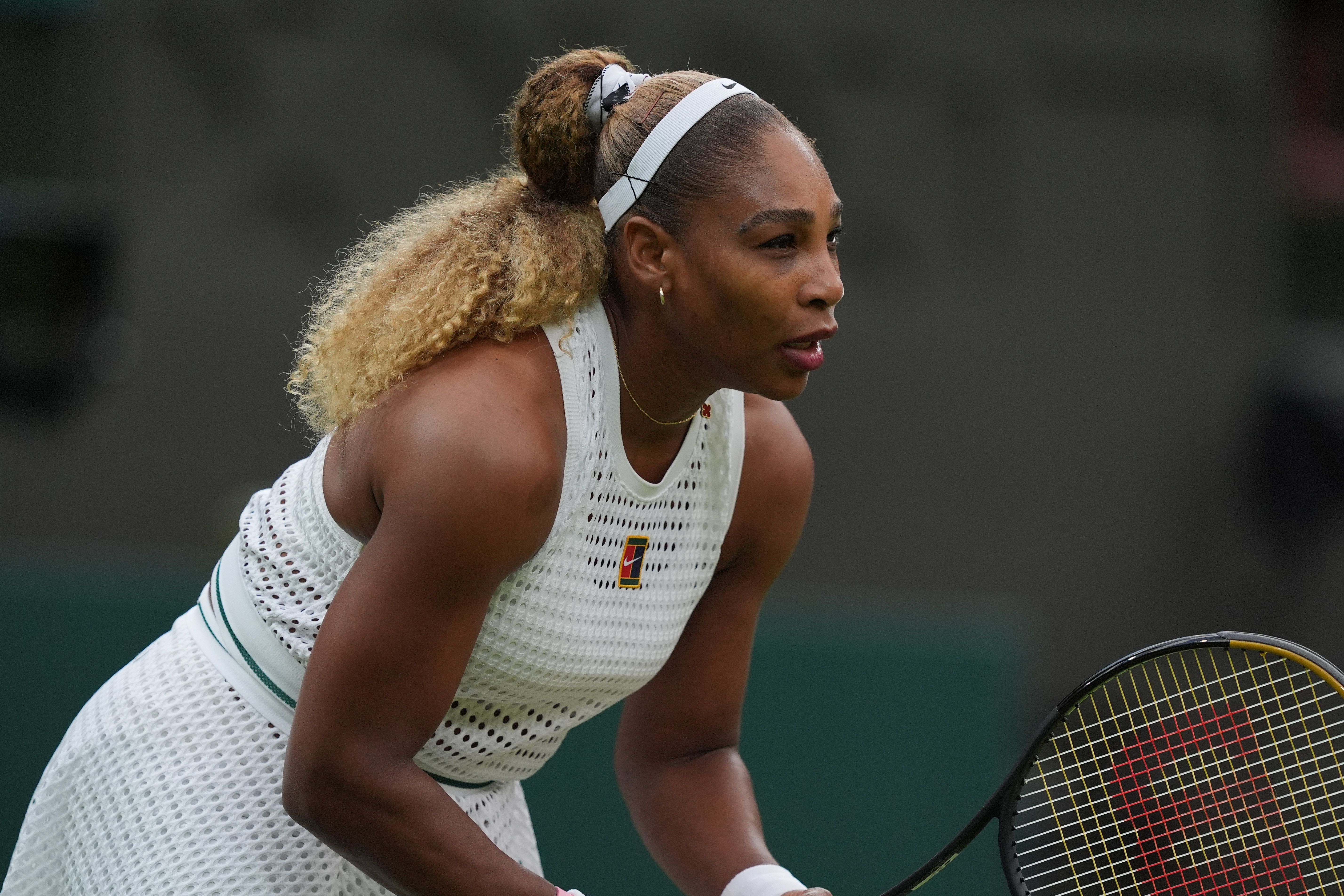Serena Williams of the United States waits for the service of her rival Maya Joint of Australia in their first round women's singles match at the Wimbledon Tennis Championships in London, Tuesday, June 30, 2026. 