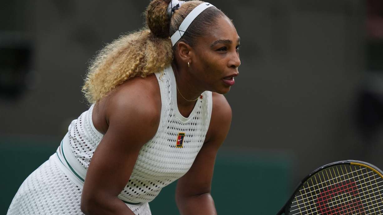 Serena Williams of the United States waits for the service of her rival Maya Joint of Australia in their first round women's singles match at the Wimbledon Tennis Championships in London, Tuesday, June 30, 2026.